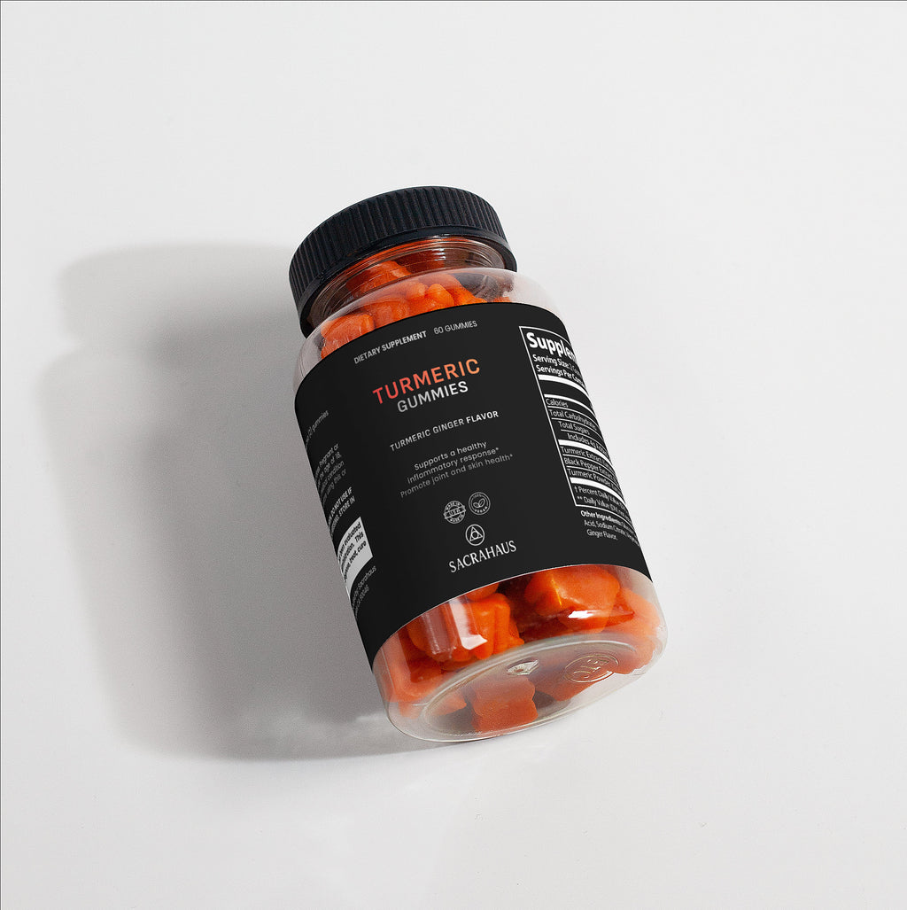 SACRAHAUS turmeric gummies for inflammation in a clear bottle with orange gummies and a black label