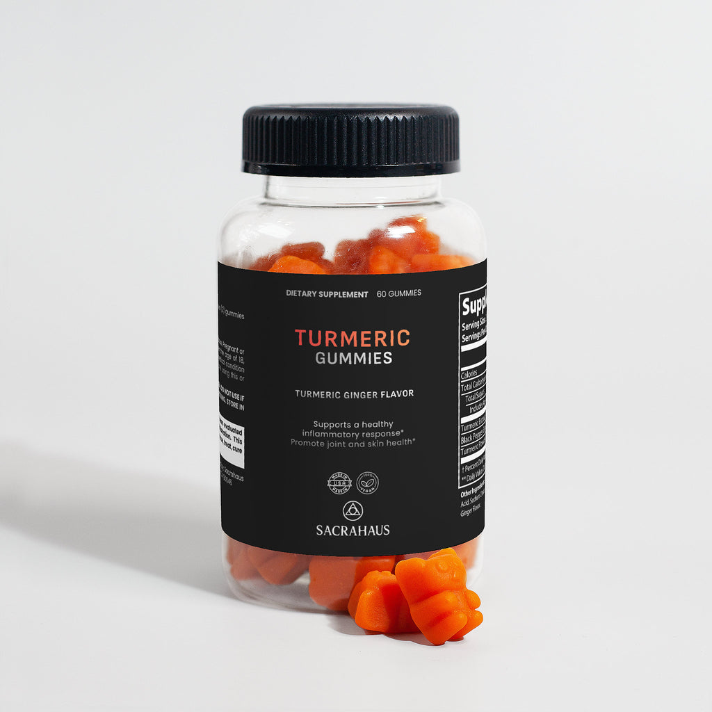 SACRAHAUS turmeric gummies for inflammation in a clear bottle with orange gummy shapes for joint health
