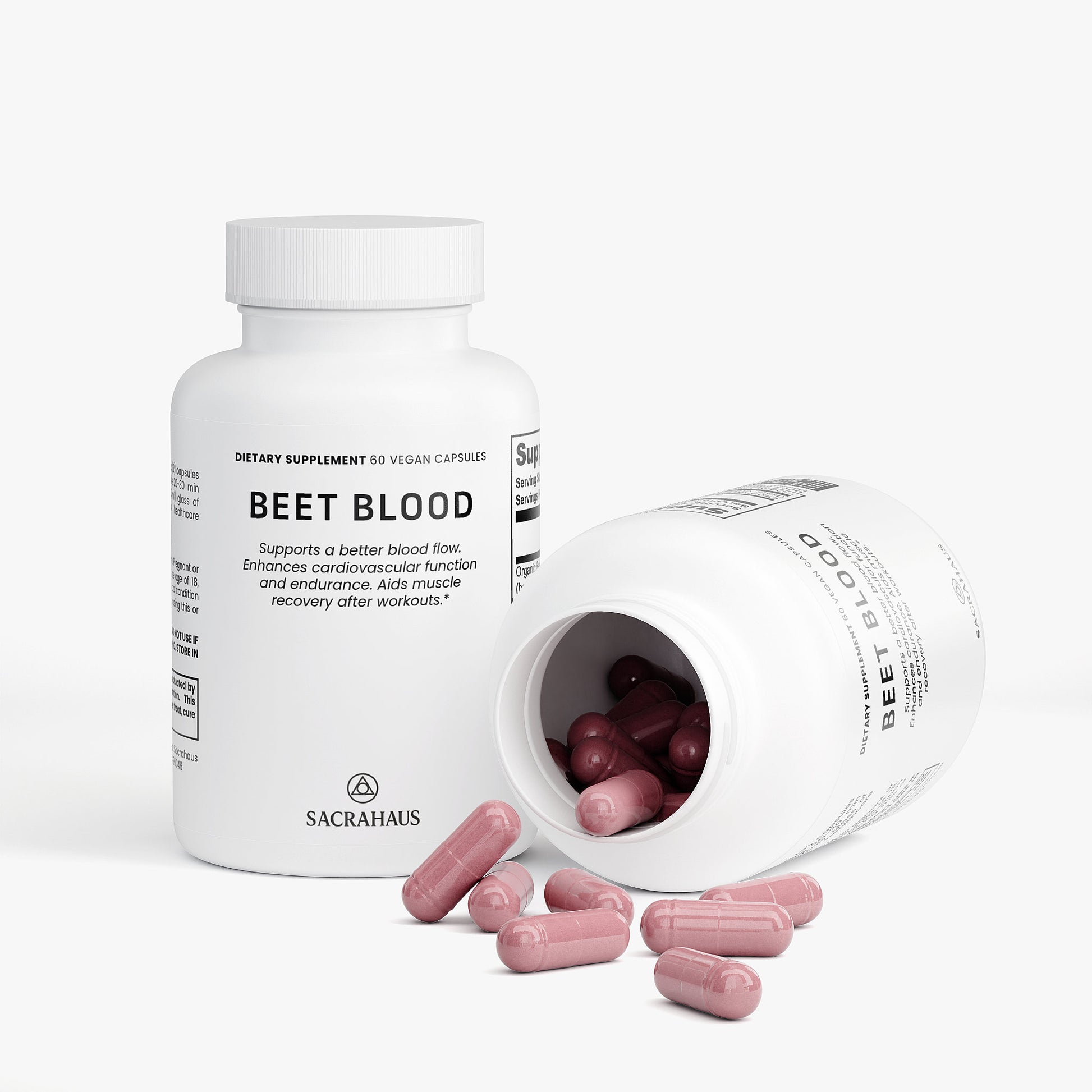 SACRAHAUS vegan beet supplement Beet Blood capsules in white bottles for natural blood flow support
