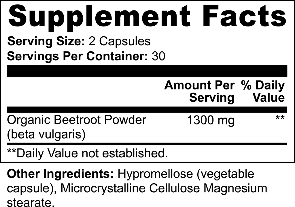 Supplement facts label for SACRAHAUS vegan beet supplement with organic beetroot powder capsules