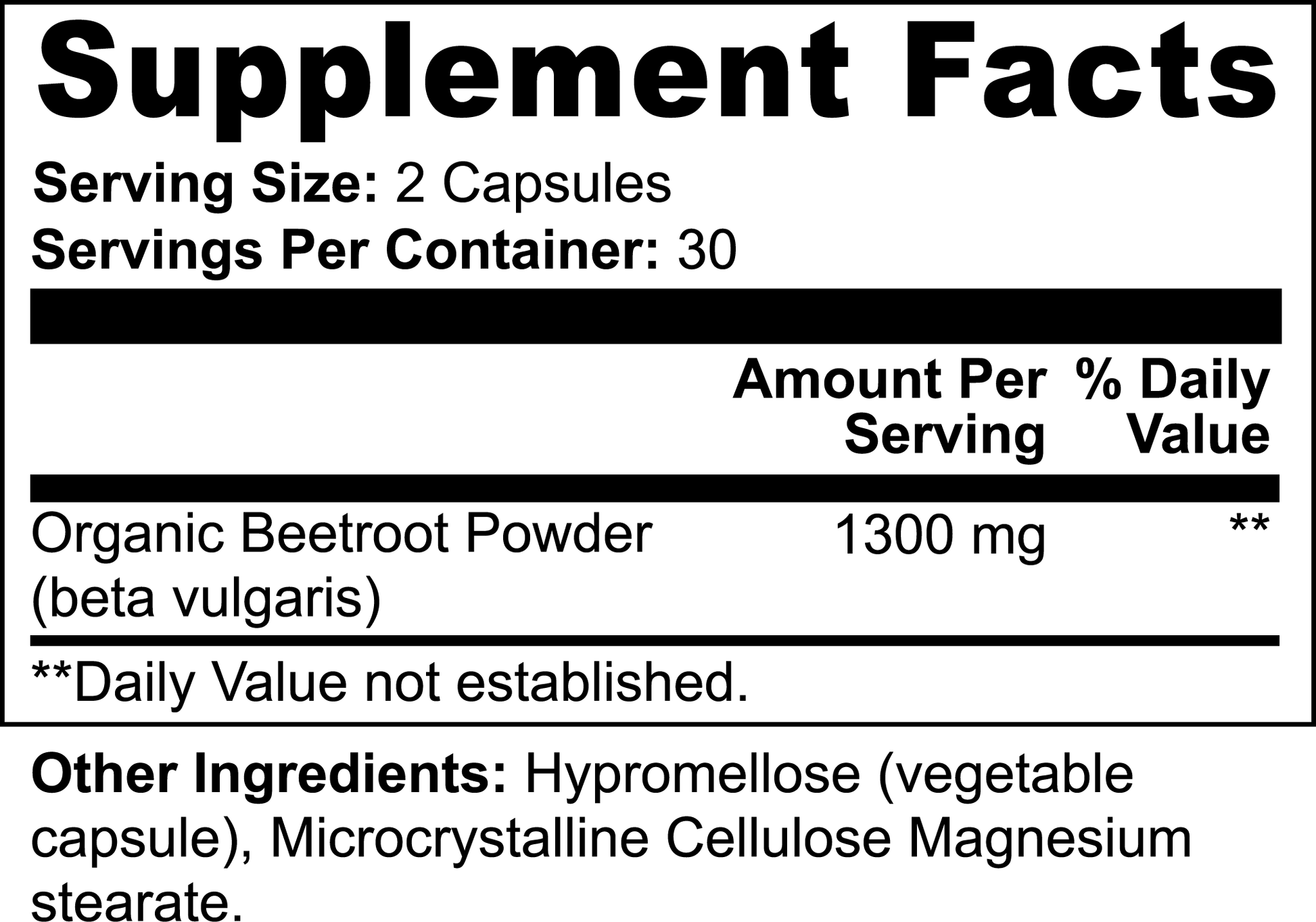 Supplement facts label for SACRAHAUS vegan beet supplement with organic beetroot powder capsules