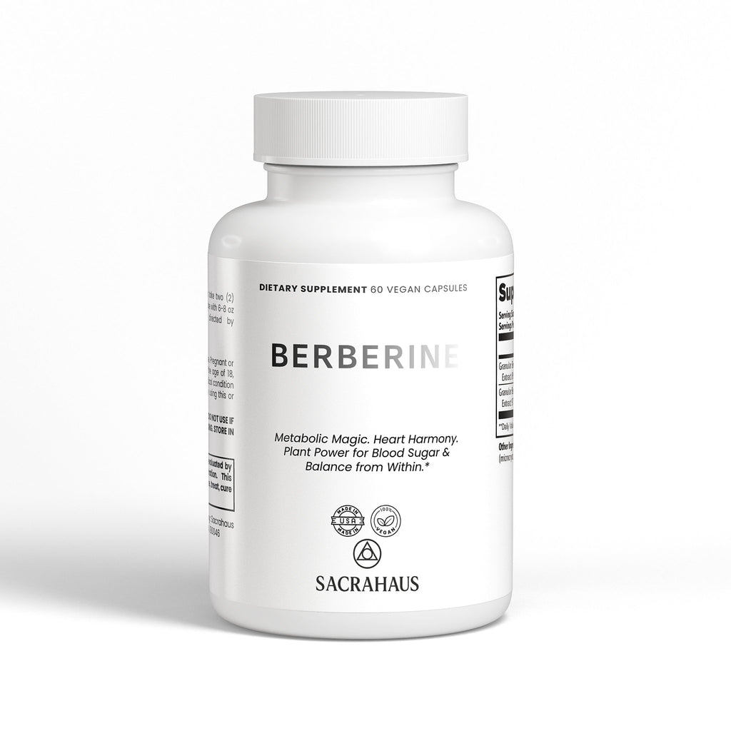 SACRAHAUS Vegan Berberine Supplement in a white bottle with 60 capsules for weight management