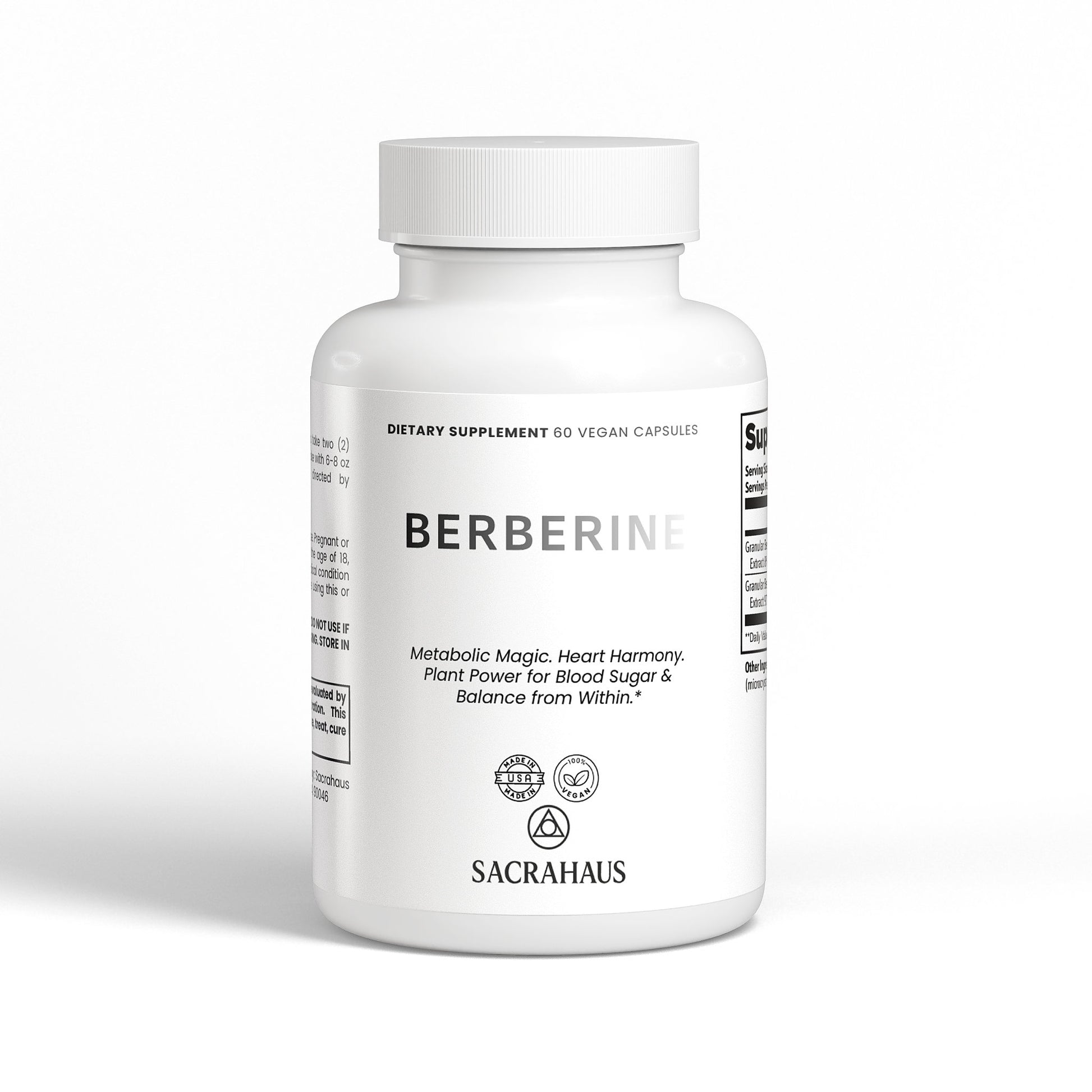 SACRAHAUS Vegan Berberine Supplement in a white bottle with 60 capsules for weight management