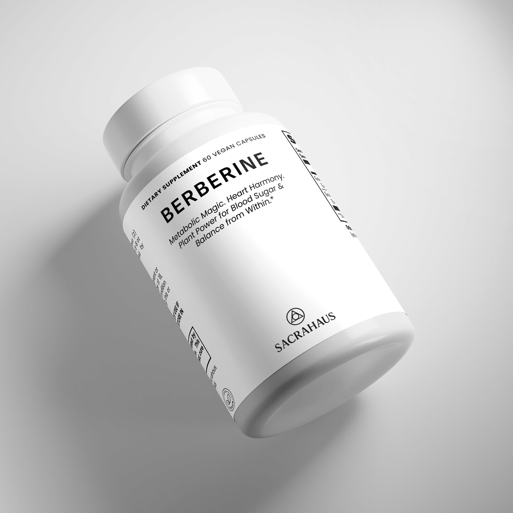 SACRAHAUS vegan berberine supplement bottle with white label and black text for metabolic support
