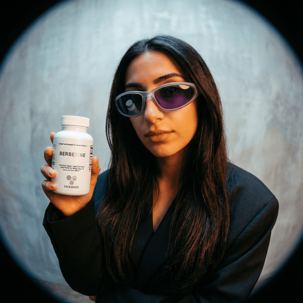 Model holding SACRAHAUS vegan berberine supplement in a stylish setting with sunglasses
