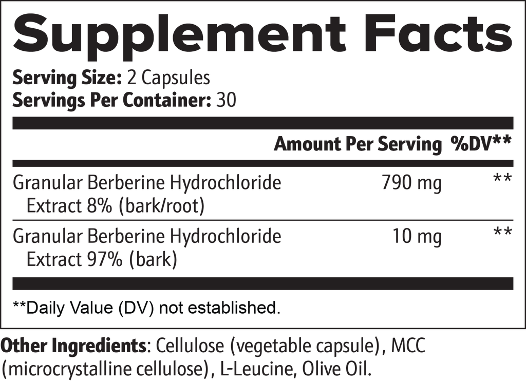 Supplement facts for SACRAHAUS vegan berberine supplement with dosage and ingredients listed
