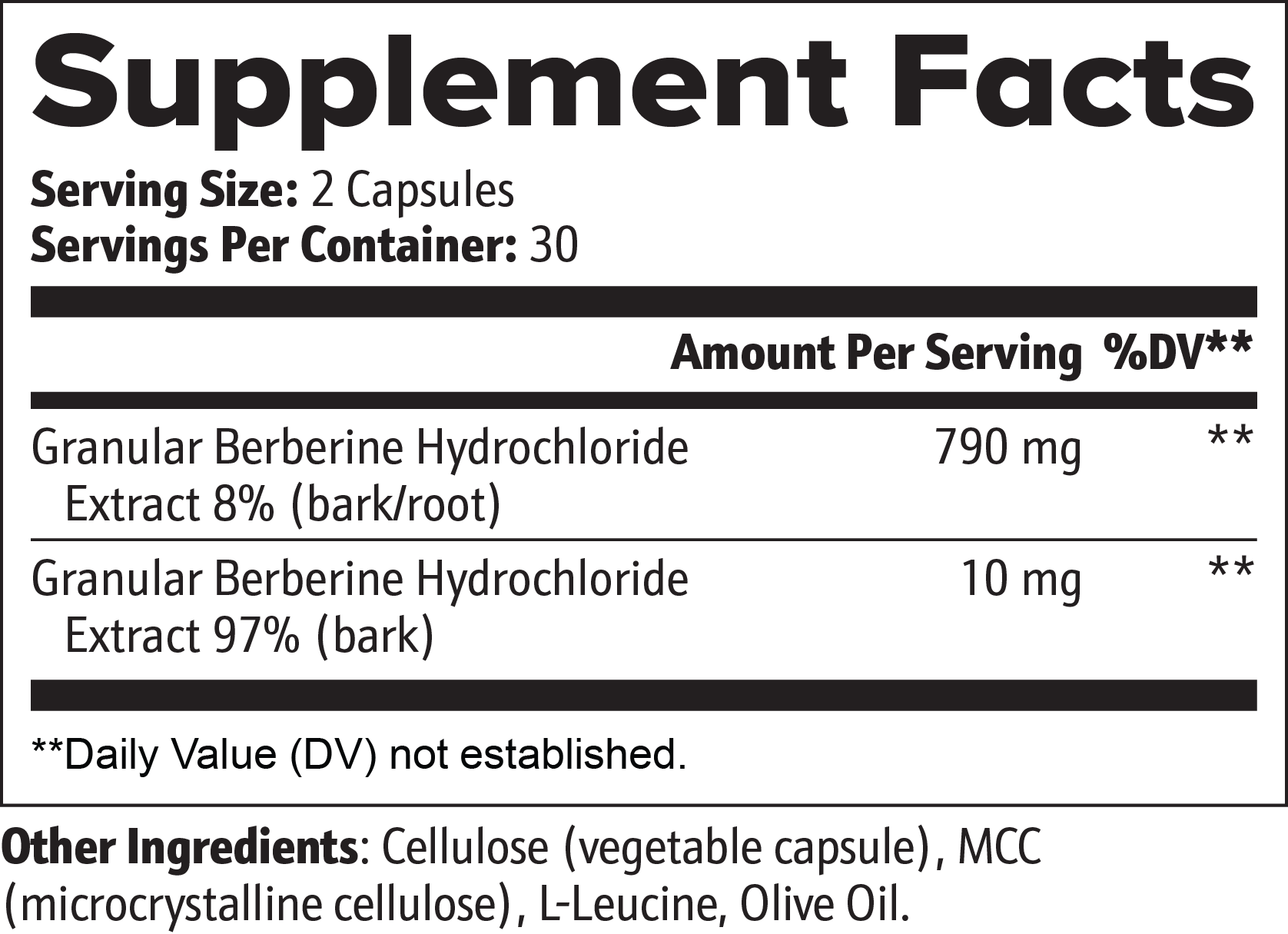 Supplement facts for SACRAHAUS vegan berberine supplement with dosage and ingredients listed