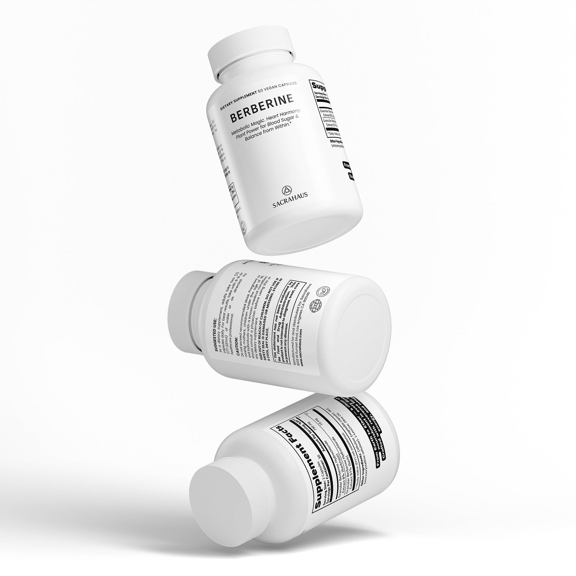 SACRAHAUS vegan berberine supplement bottles with clear white labels showing product details