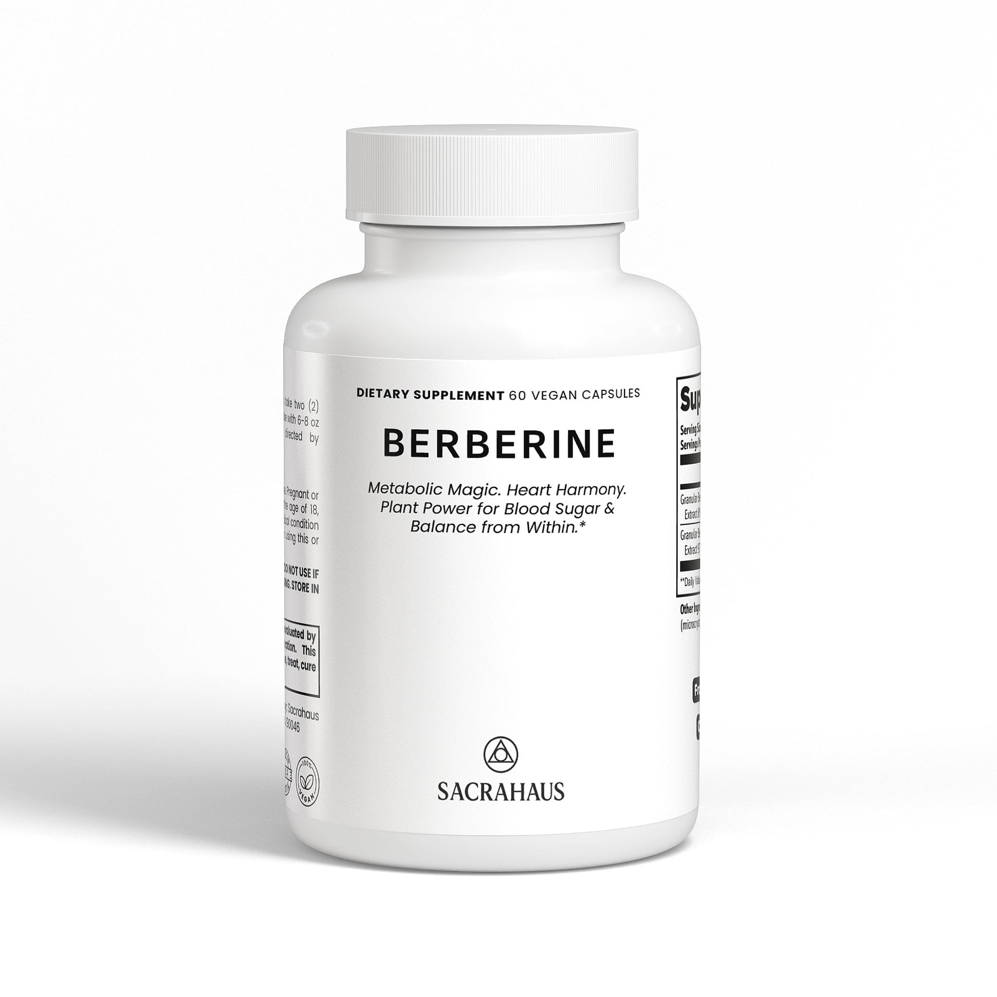 SACRAHAUS vegan berberine supplement bottle with 60 vegan capsules for metabolic and heart health