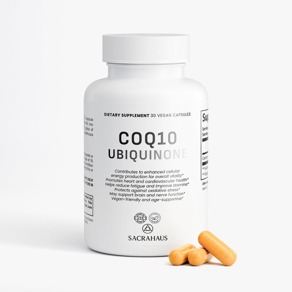 SACRAHAUS vegan CoQ10 supplement in a white bottle with 30 capsules for post-workout recovery