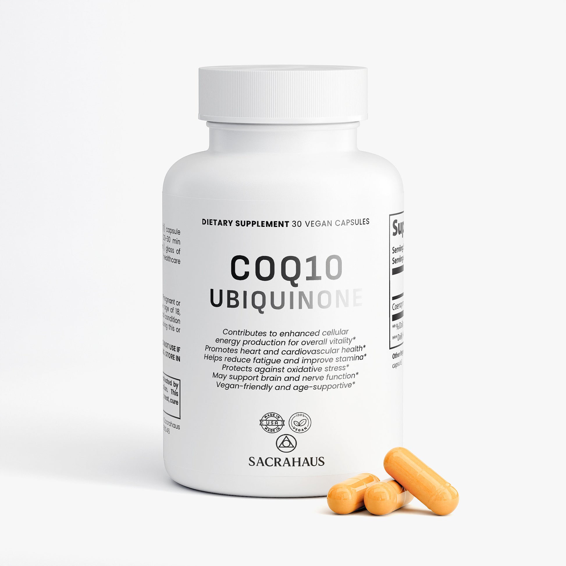 SACRAHAUS vegan CoQ10 supplement in a white bottle with 30 capsules for post-workout recovery