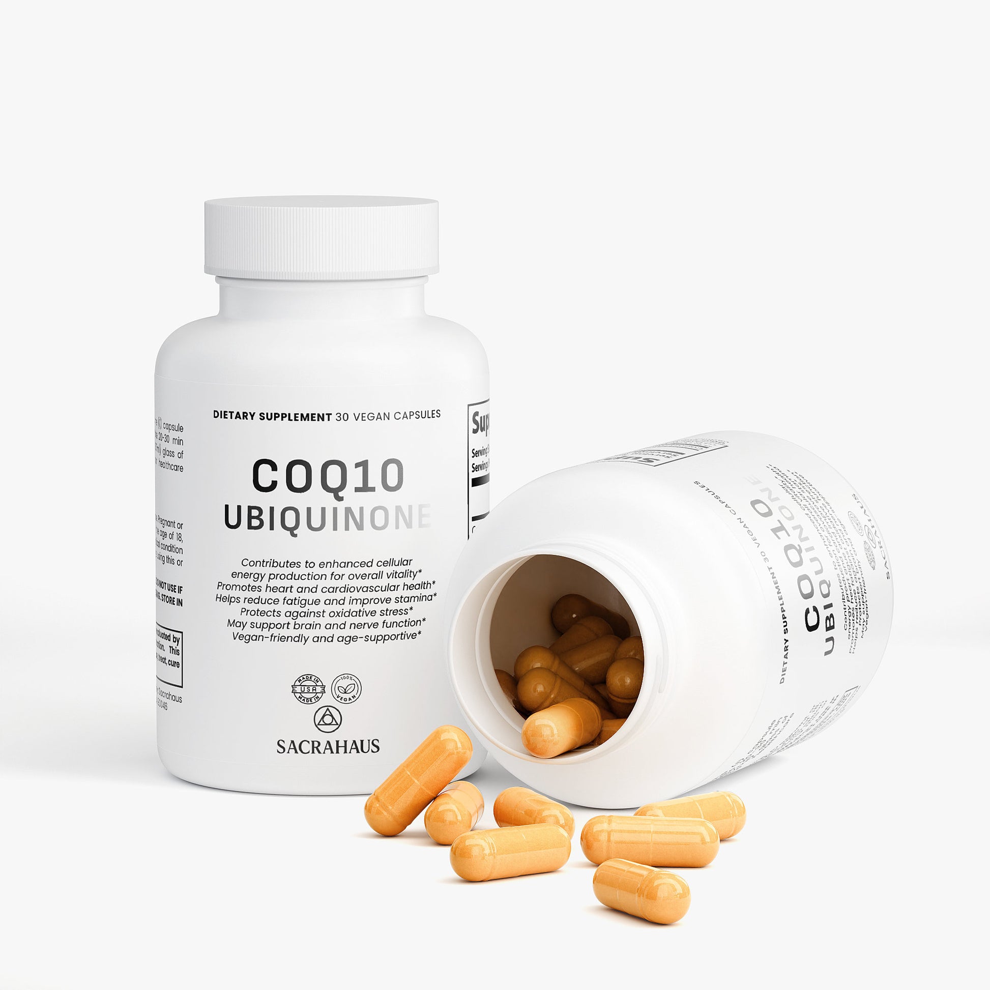 SACRAHAUS vegan CoQ10 supplement in a bottle with yellow capsules, promoting post-workout recovery
