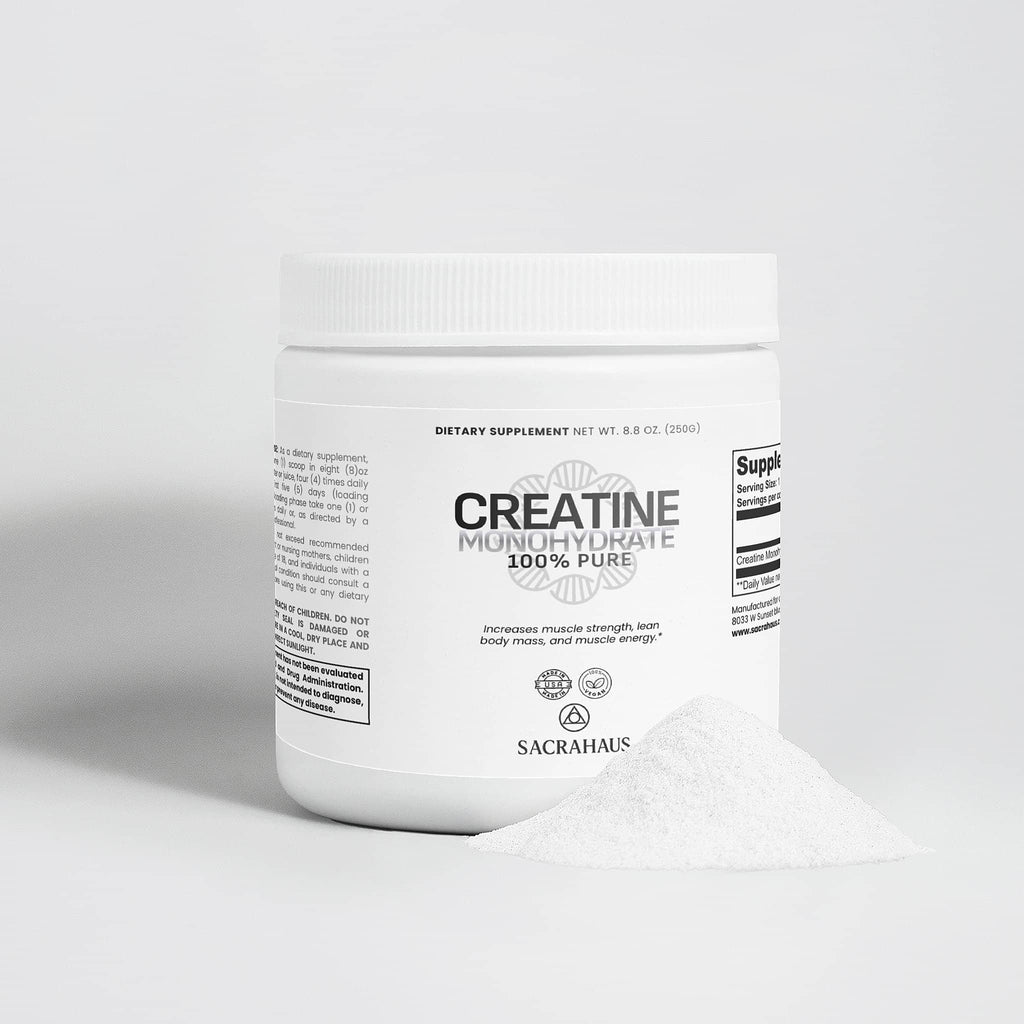 SACRAHAUS vegan creatine monohydrate in a white container with a scoop of powder