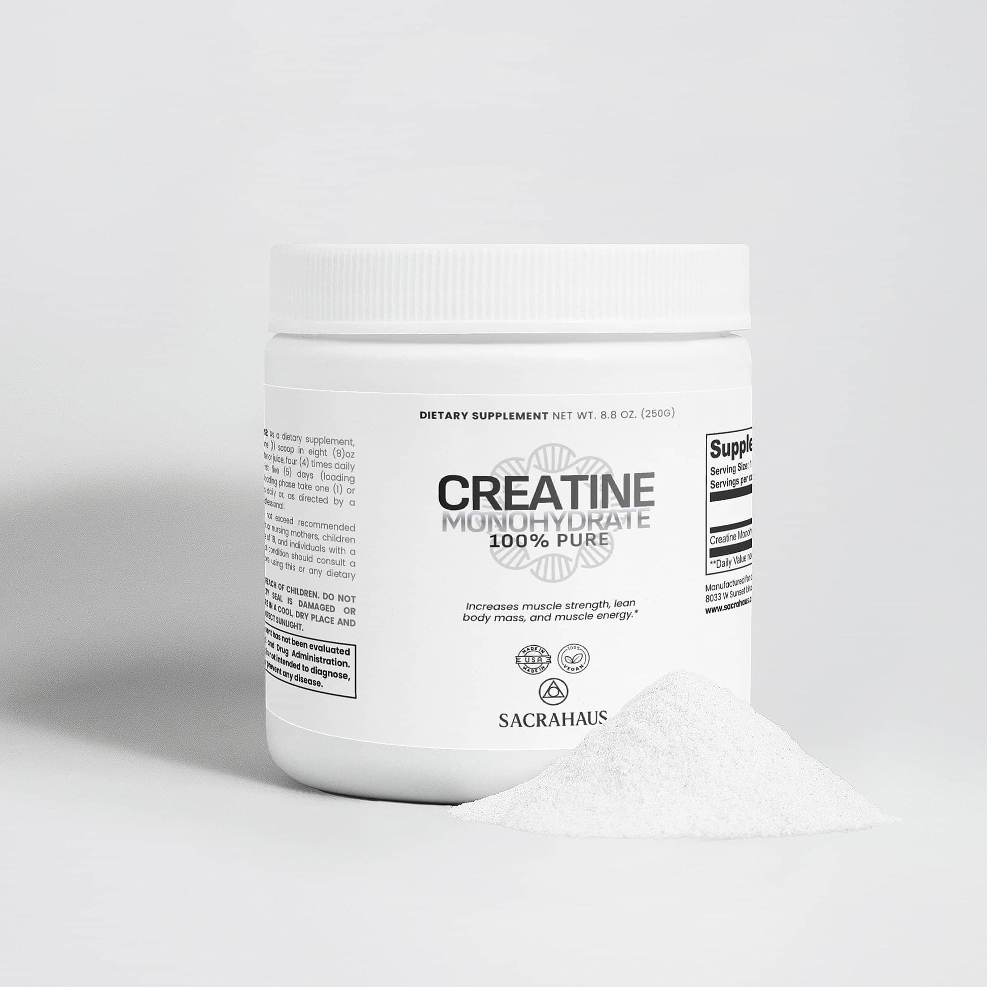 SACRAHAUS vegan creatine monohydrate in a white container with a scoop of powder