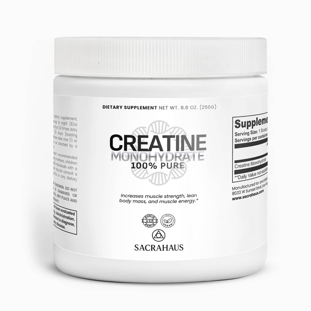 SACRAHAUS Vegan Creatine Monohydrate Supplement in a white container for muscle building and strength