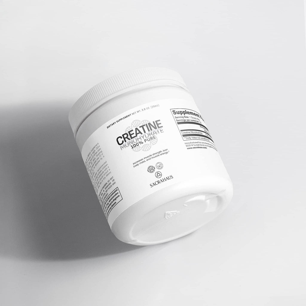 SACRAHAUS Vegan Creatine Monohydrate Powder in a White Container for Muscle Building