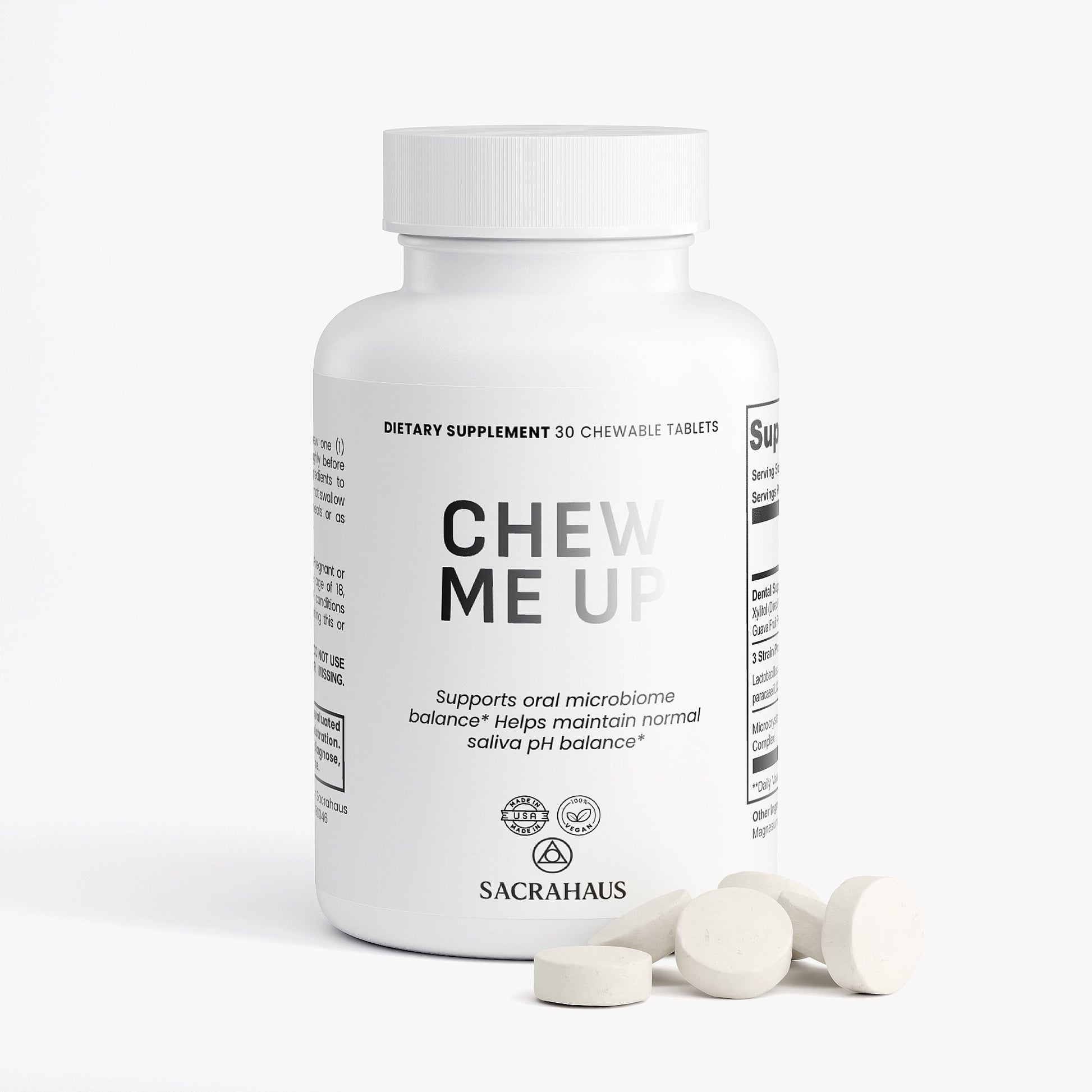 SACRAHAUS Vegan Dental Health Chewables in a bottle with chewable tablets for oral microbiome support
