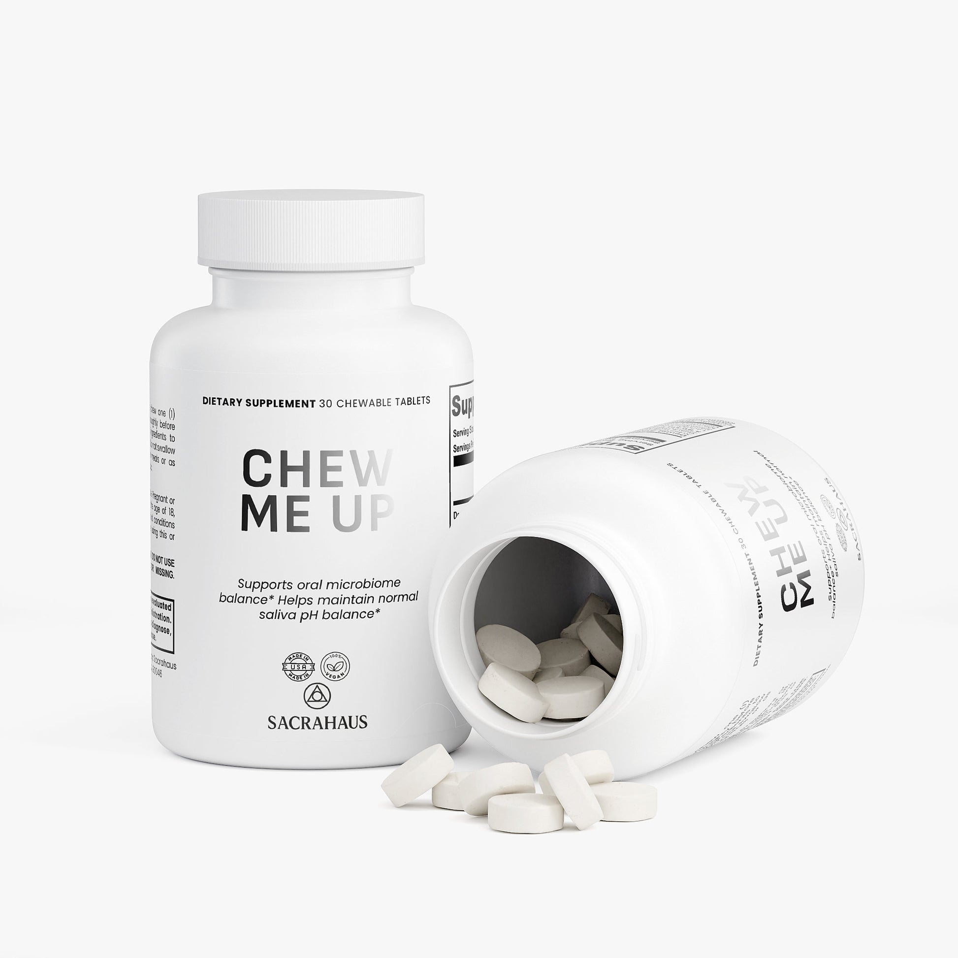 SACRAHAUS Chew Me Up Vegan Dental Health Chewables in a white bottle for oral microbiome support