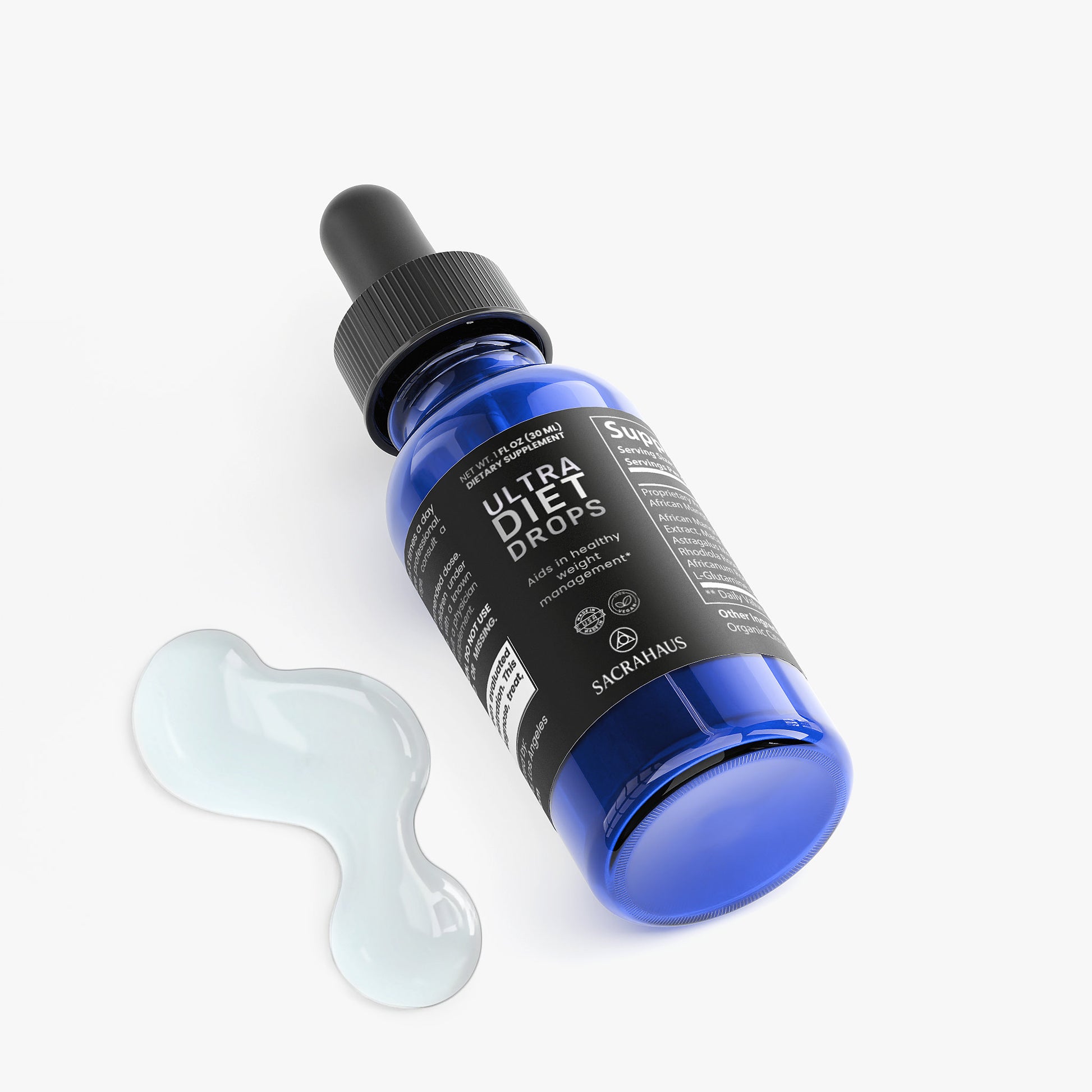SACRAHAUS Ultra Diet Drops in a blue bottle, promoting vegan diet drops for weight loss