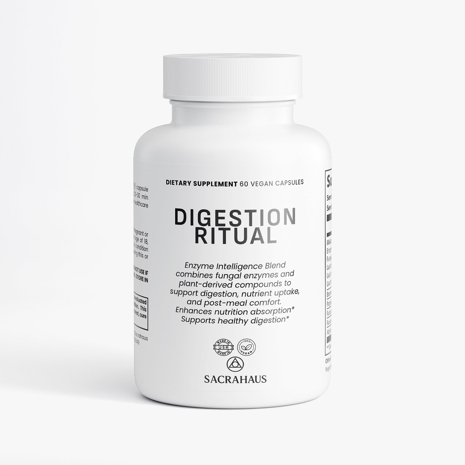 SACRAHAUS vegan digestive enzyme supplement in a white bottle with 60 capsules for digestive health