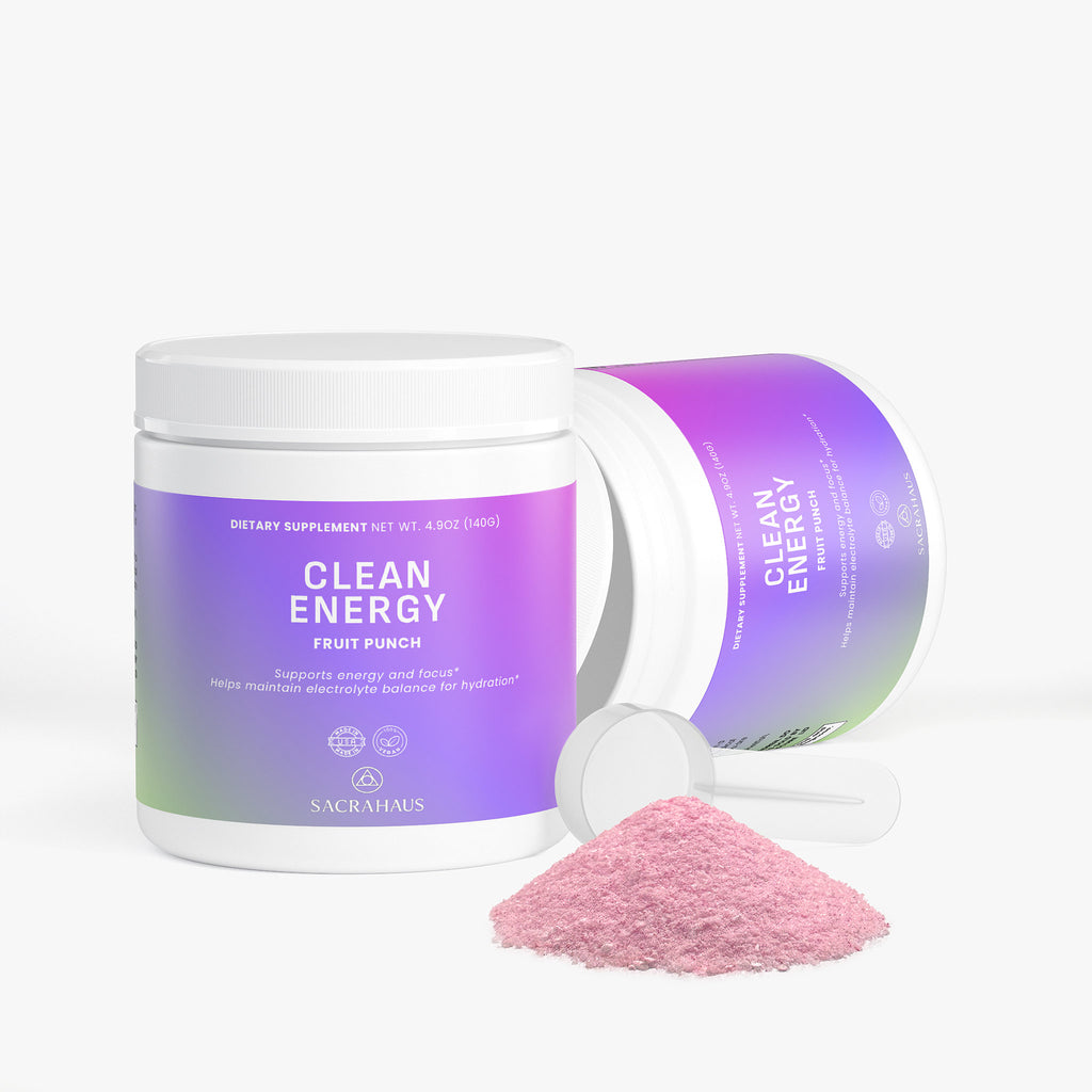 SACRAHAUS Clean Energy Fruit Punch Pre-Workout Supplement with vegan energy powder for enhanced performance