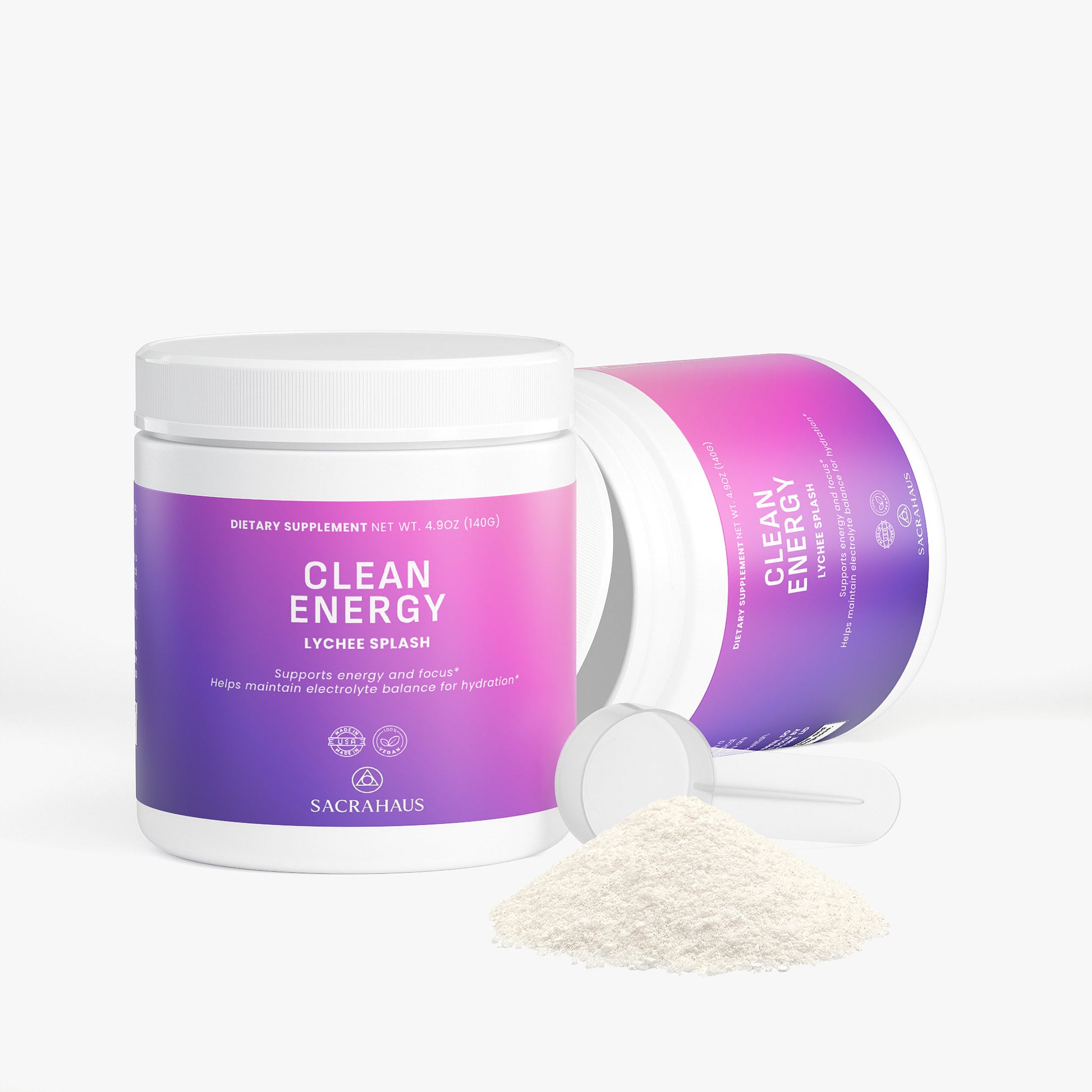SACRAHAUS Clean Energy Vegan Energy Powder in Lychee Splash flavor for enhanced energy and hydration