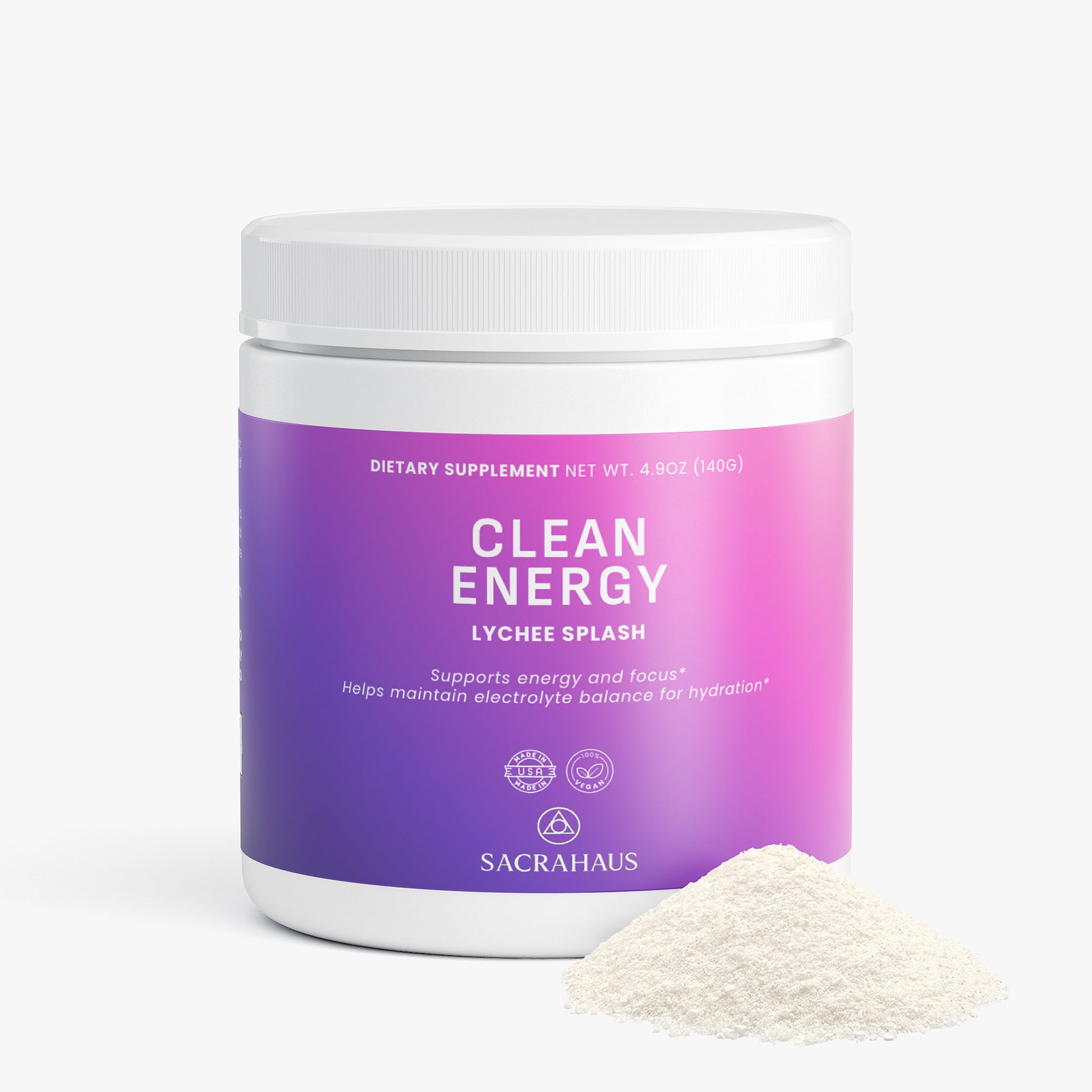 SACRAHAUS Clean Energy Lychee Splash Pre-Workout Supplement in a white container with vegan energy powder