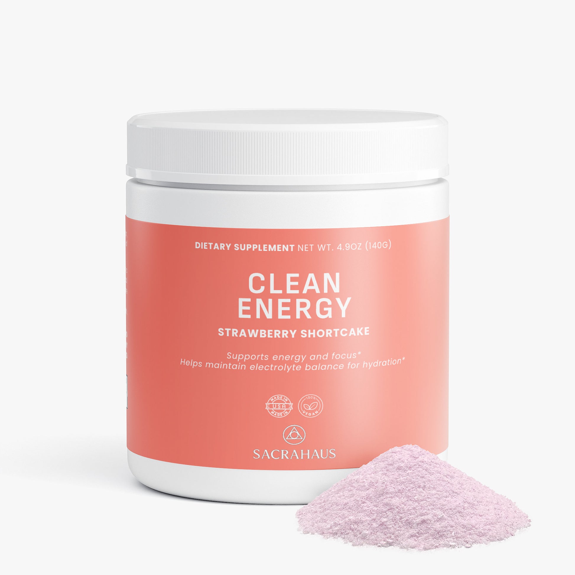 SACRAHAUS Clean Energy Vegan Energy Powder in Strawberry Shortcake flavor, supports energy and focus