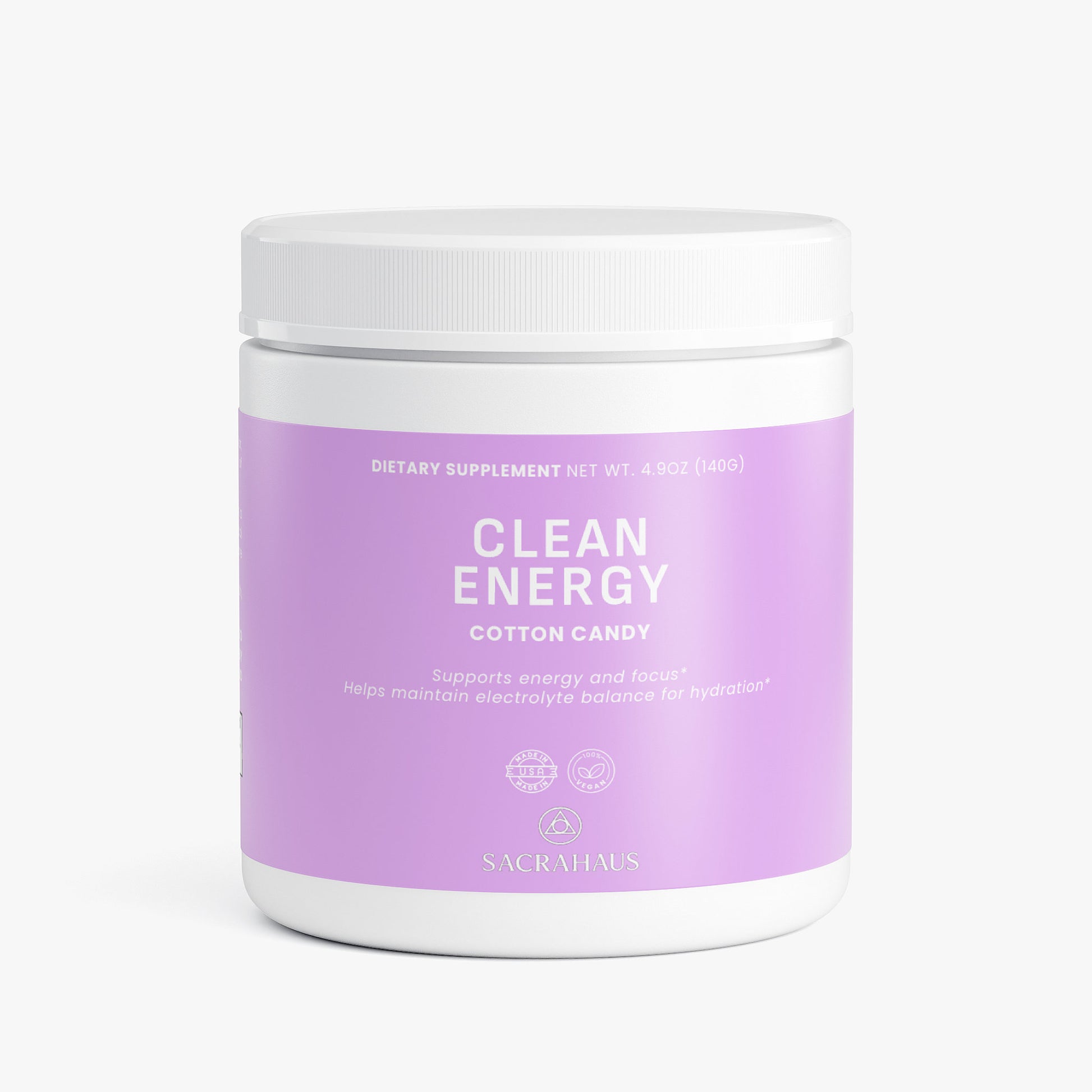 SACRAHAUS vegan energy powder cotton candy in a 4-ounce container for energy and hydration support