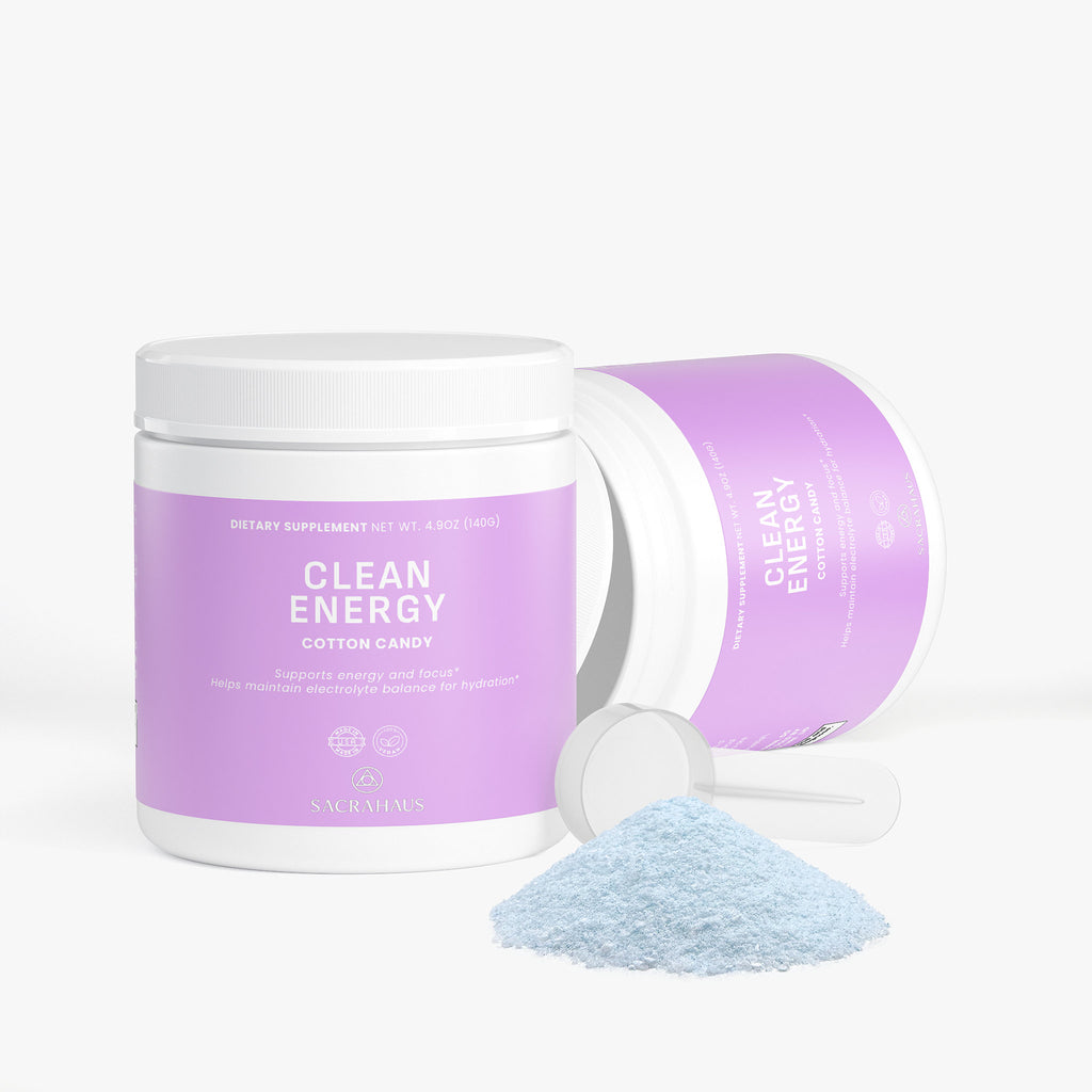 SACRAHAUS Vegan Energy Powder Cotton Candy in a white tub with a blue powder scoop