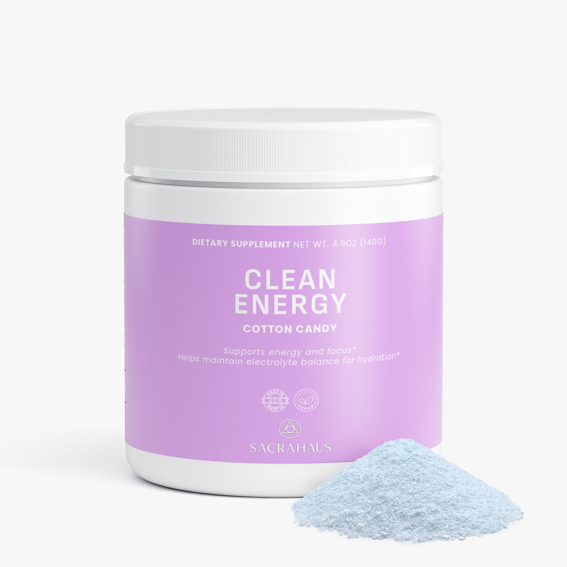 SACRAHAUS vegan energy powder cotton candy in a jar with fluffy powder next to it