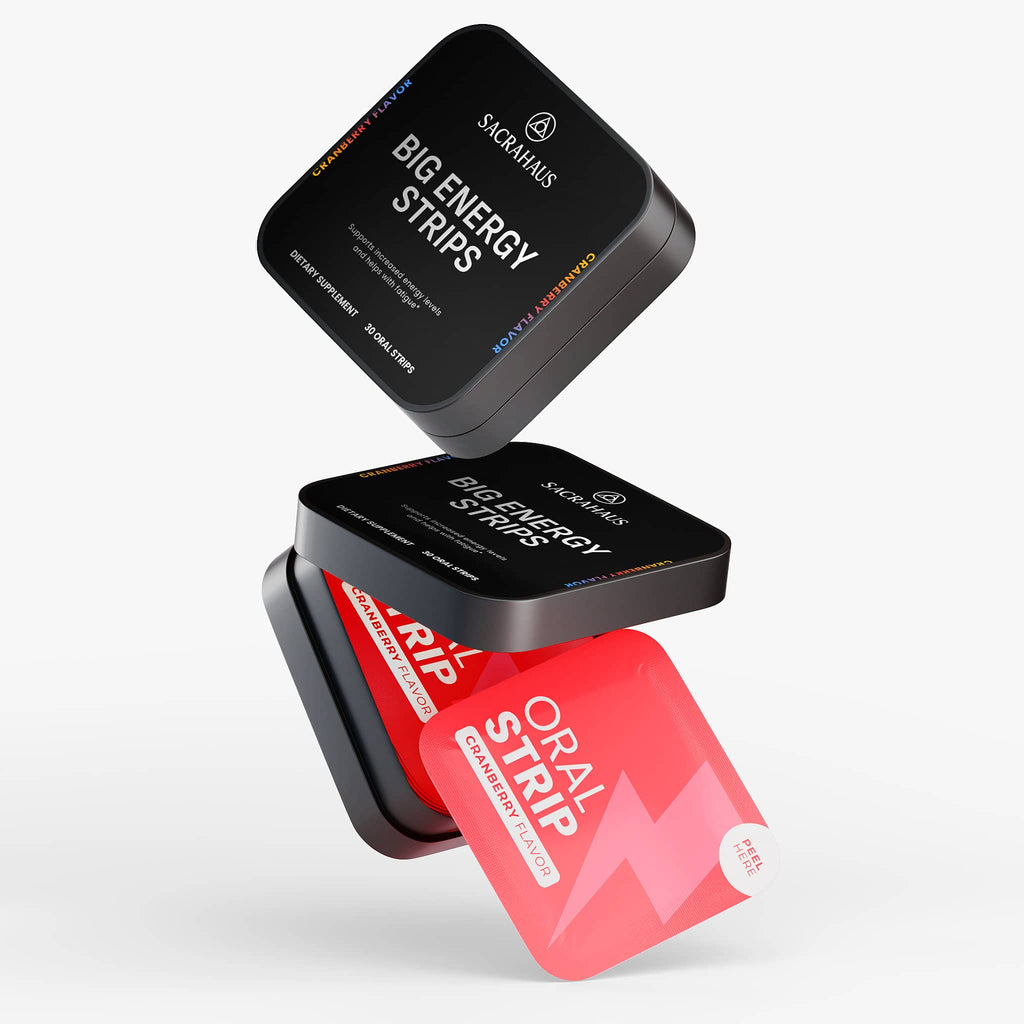 SACRAHAUS vegan energy strips in a stylish black and red packaging for on-the-go energy boost