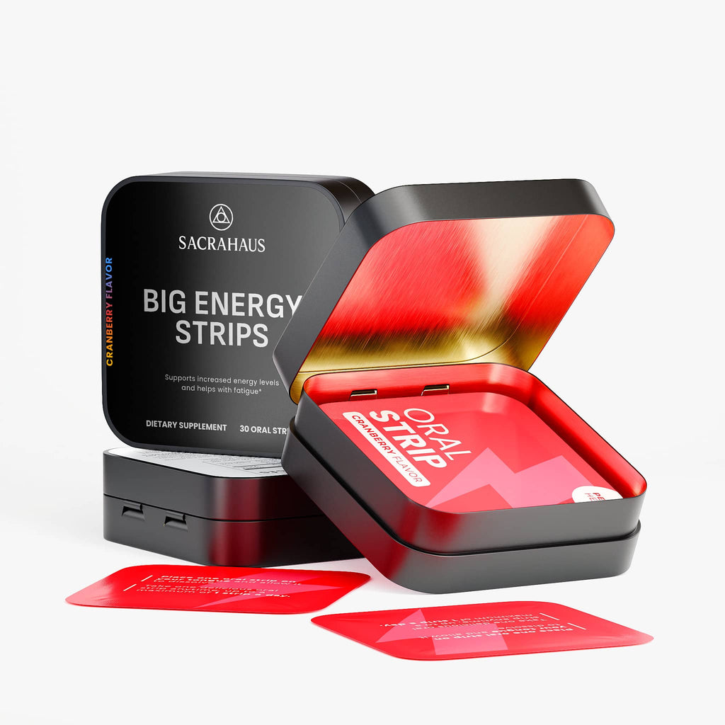 SACRAHAUS vegan energy strips in a sleek tin for a quick energy boost anytime