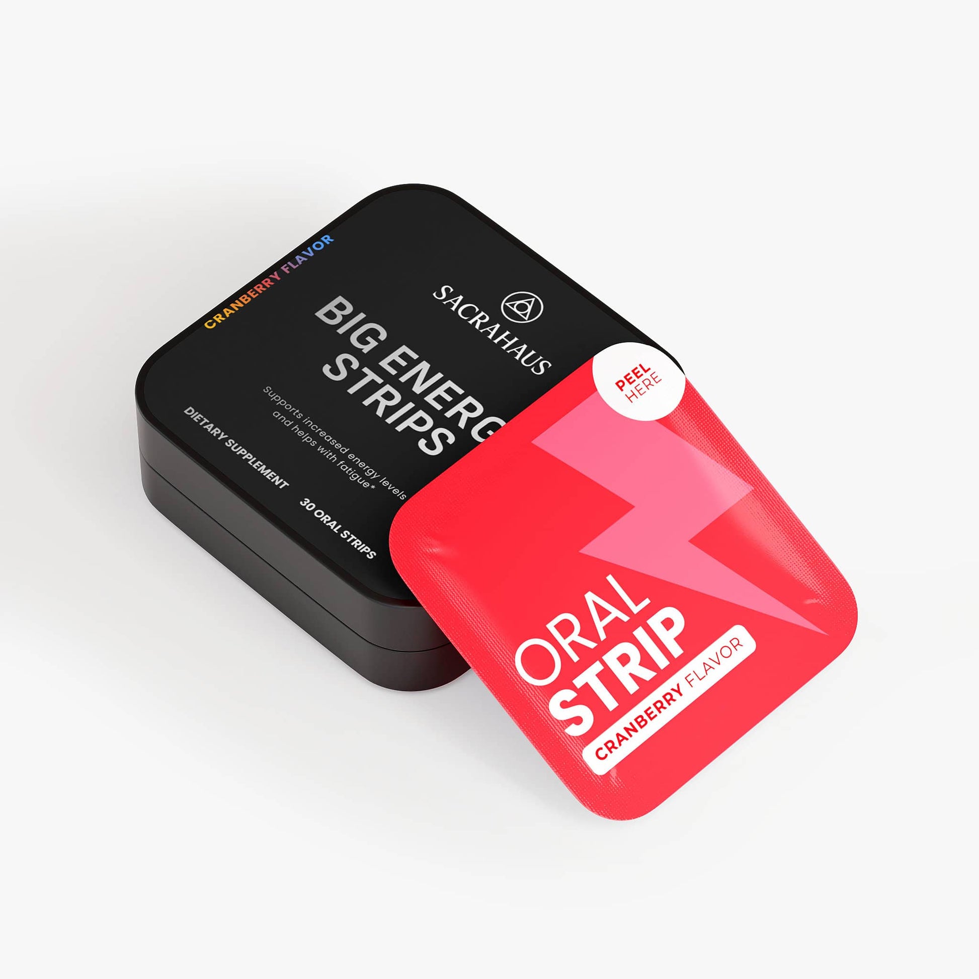 SACRAHAUS Cranberry Flavor Vegan Energy Strips in a compact tin for a quick boost