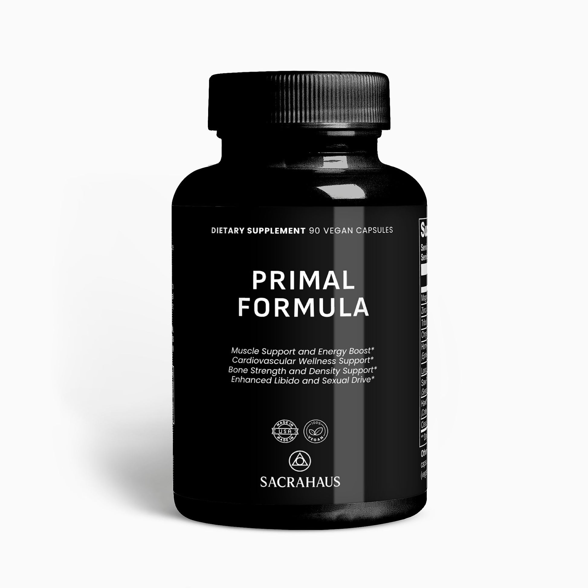 SACRAHAUS Primal Formula vegan energy supplement in a black bottle with 90 vegan capsules for wellness support