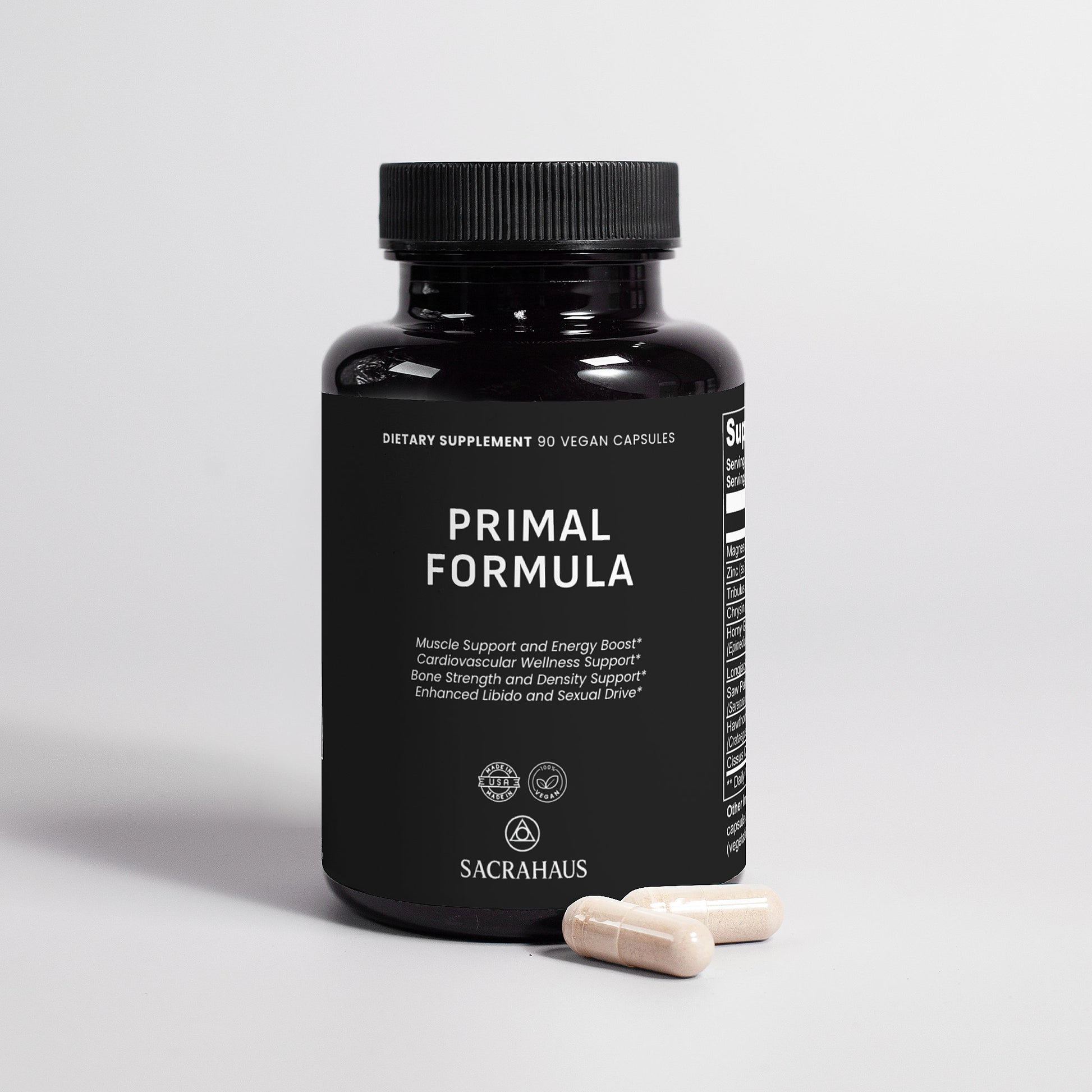 SACRAHAUS Primal Formula vegan energy supplement in a black bottle with 90 capsules for enhanced wellness