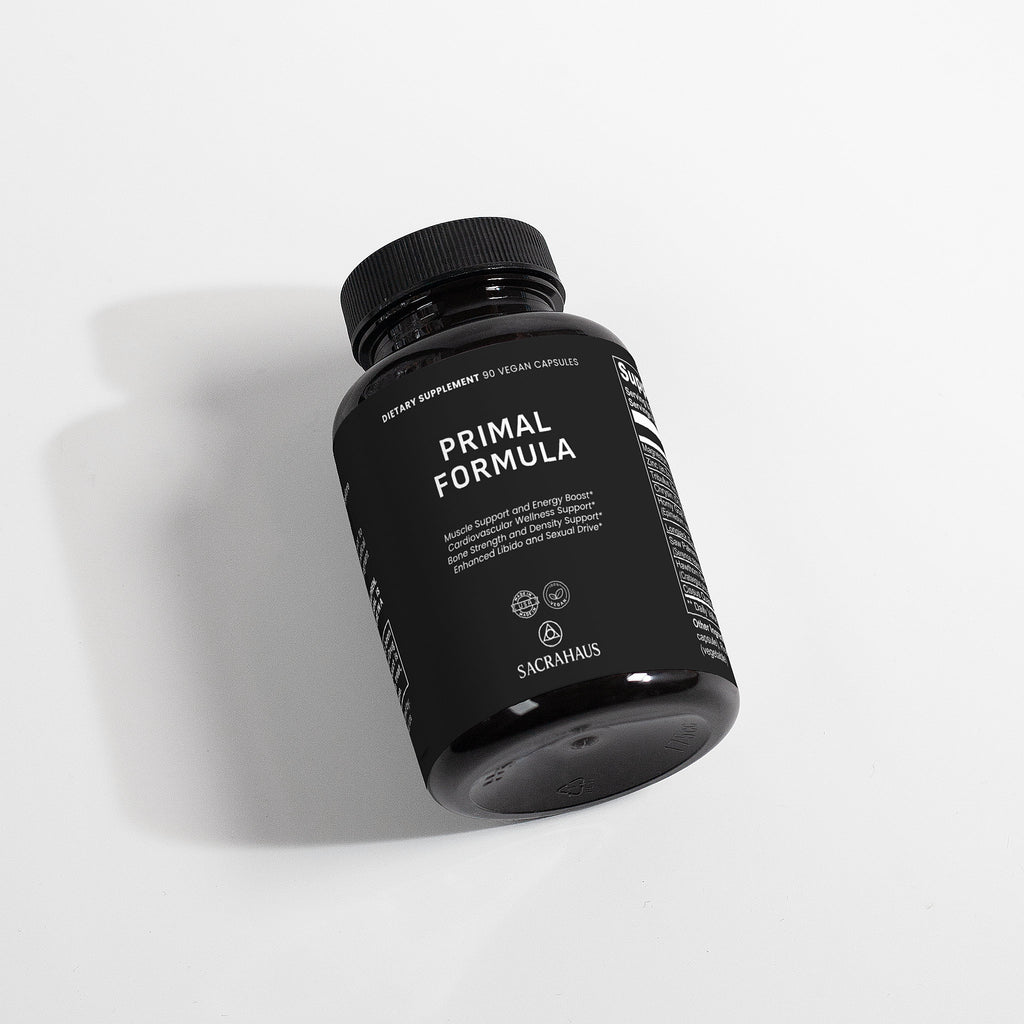 SACRAHAUS Primal Formula bottle featuring vegan energy supplement for enhanced vitality and wellness