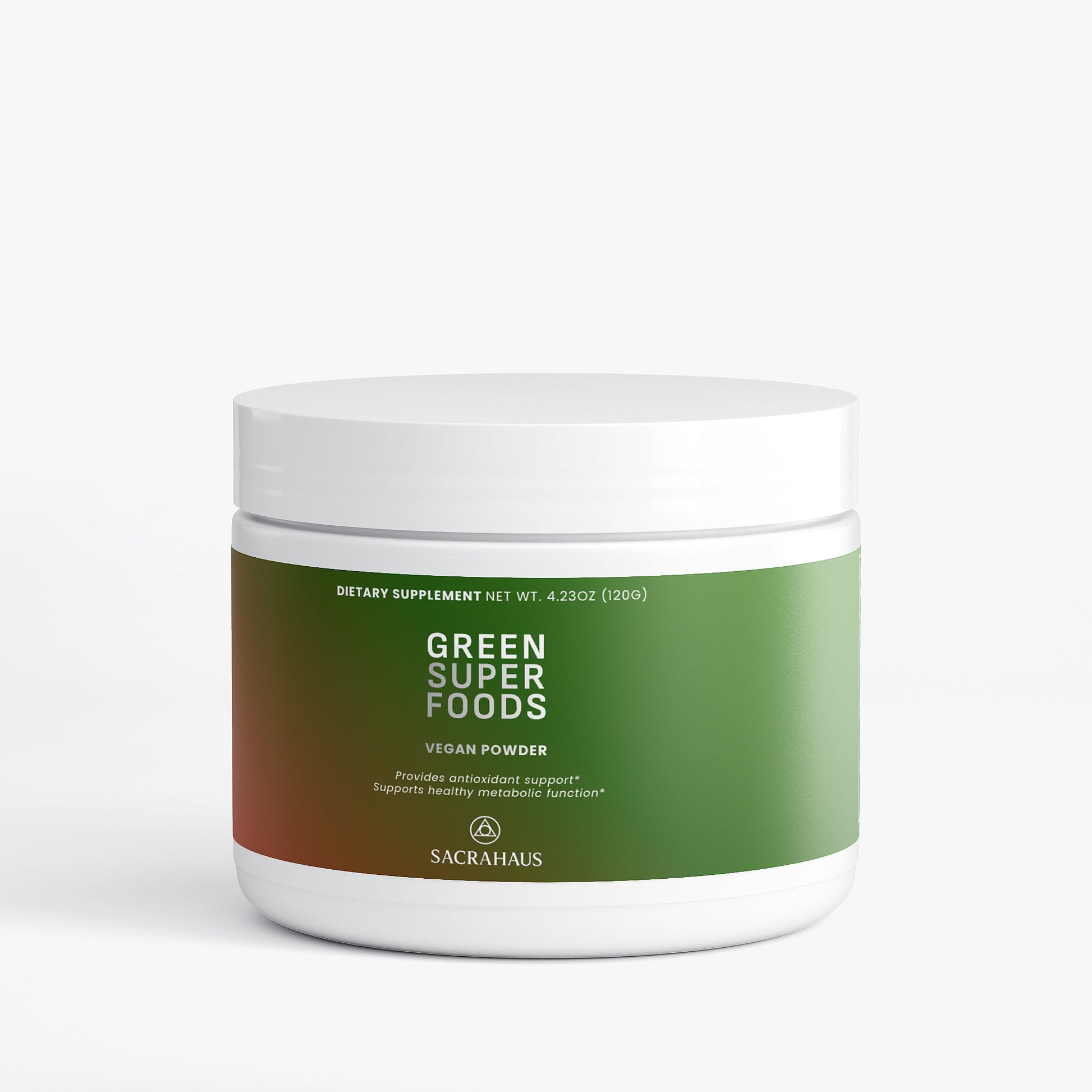 SACRAHAUS vegan green superfoods powder in a white container for dietary supplement and antioxidant support