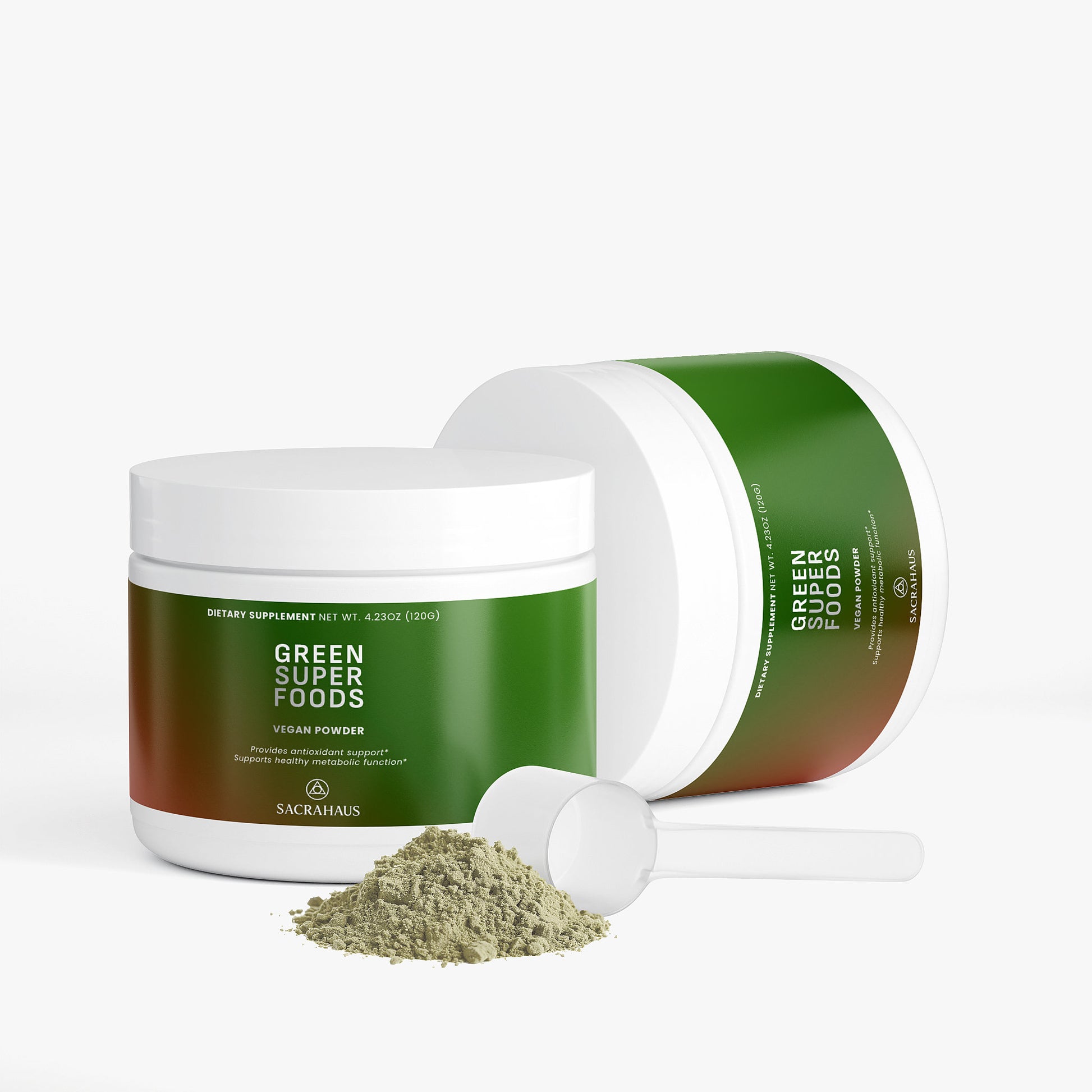 SACRAHAUS vegan green superfoods powder in a white container with a scoop and powder sprinkle