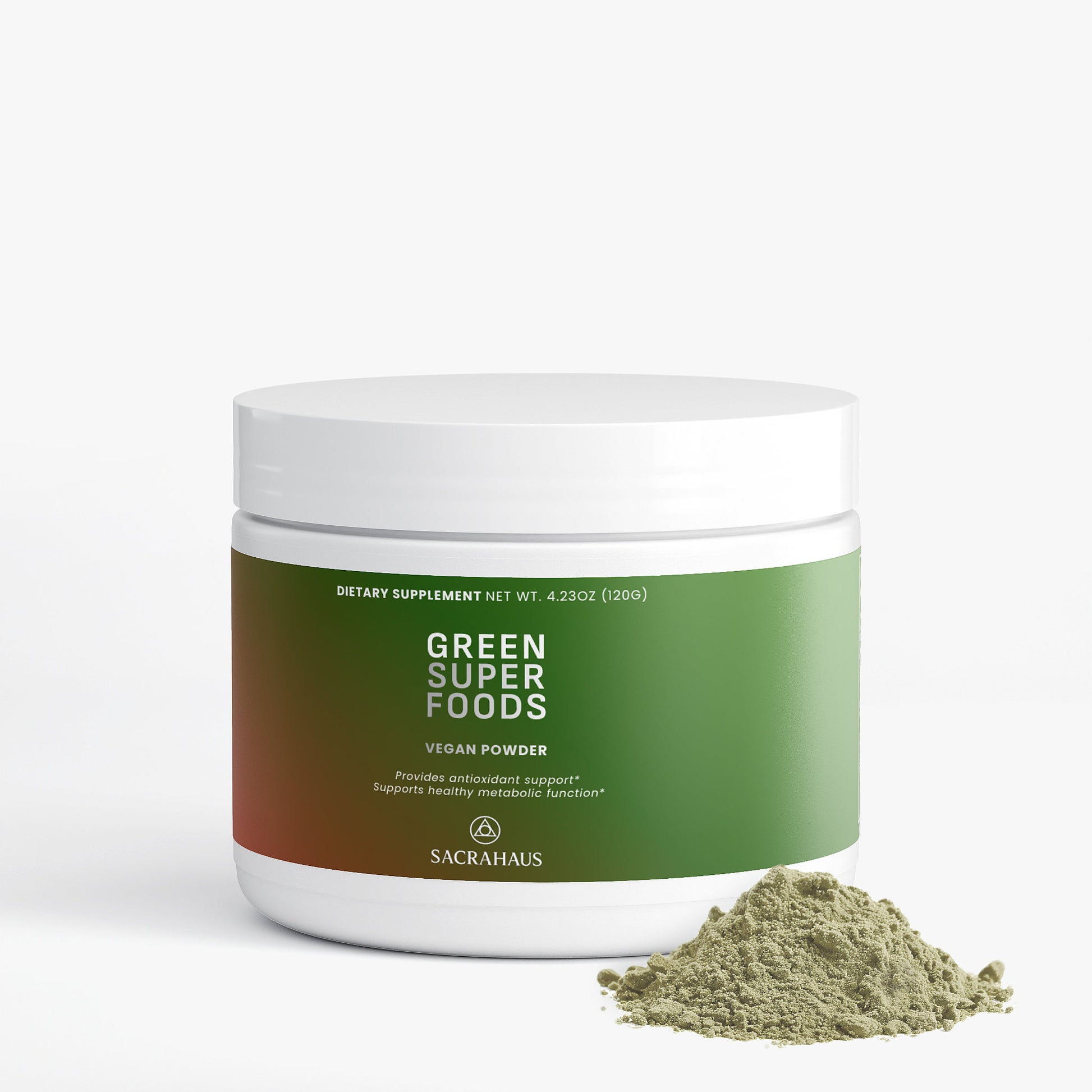SACRAHAUS vegan green superfoods powder in a white container for antioxidant support