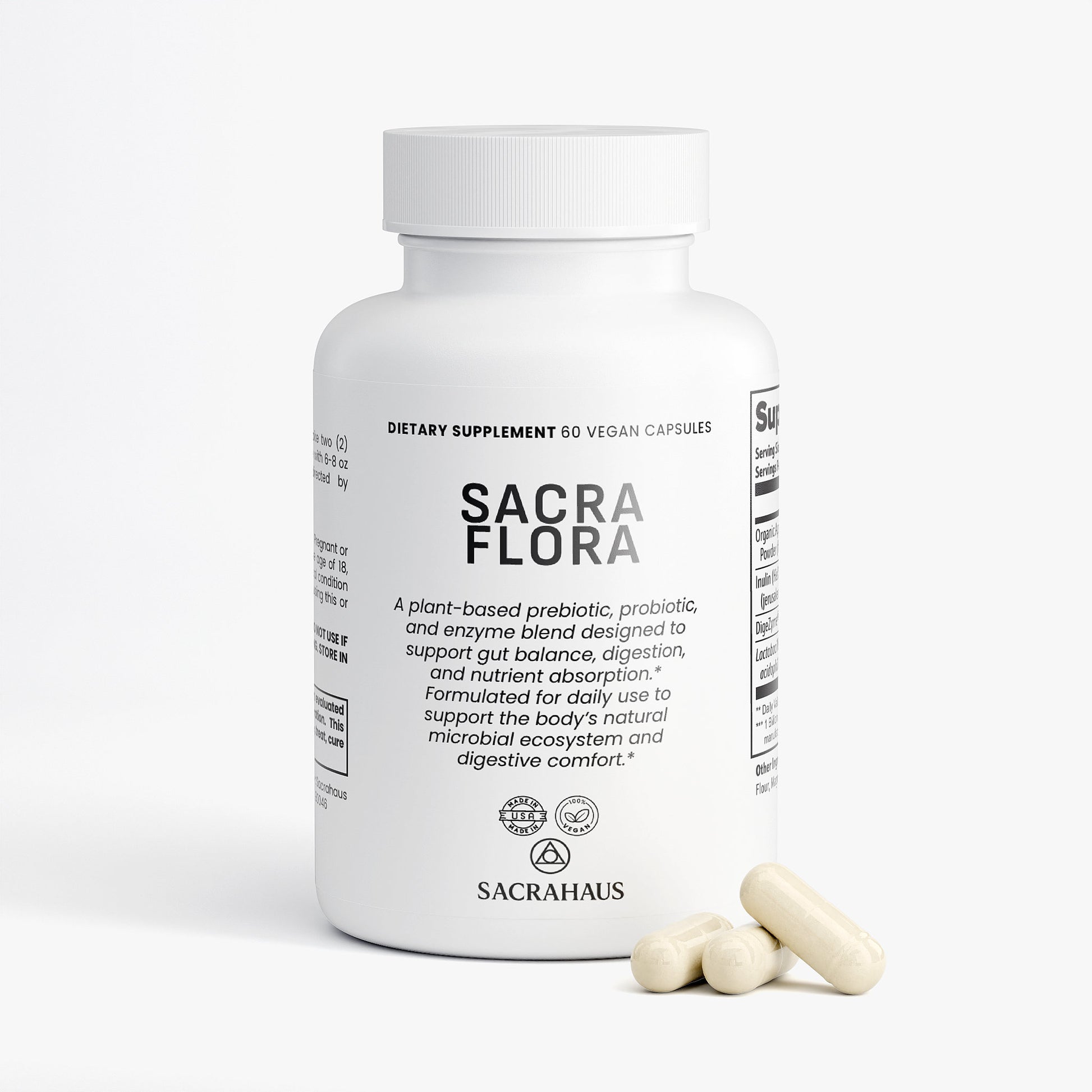 SACRAHAUS Sacra Flora vegan gut health supplements in a white bottle with 60 capsules for digestive support