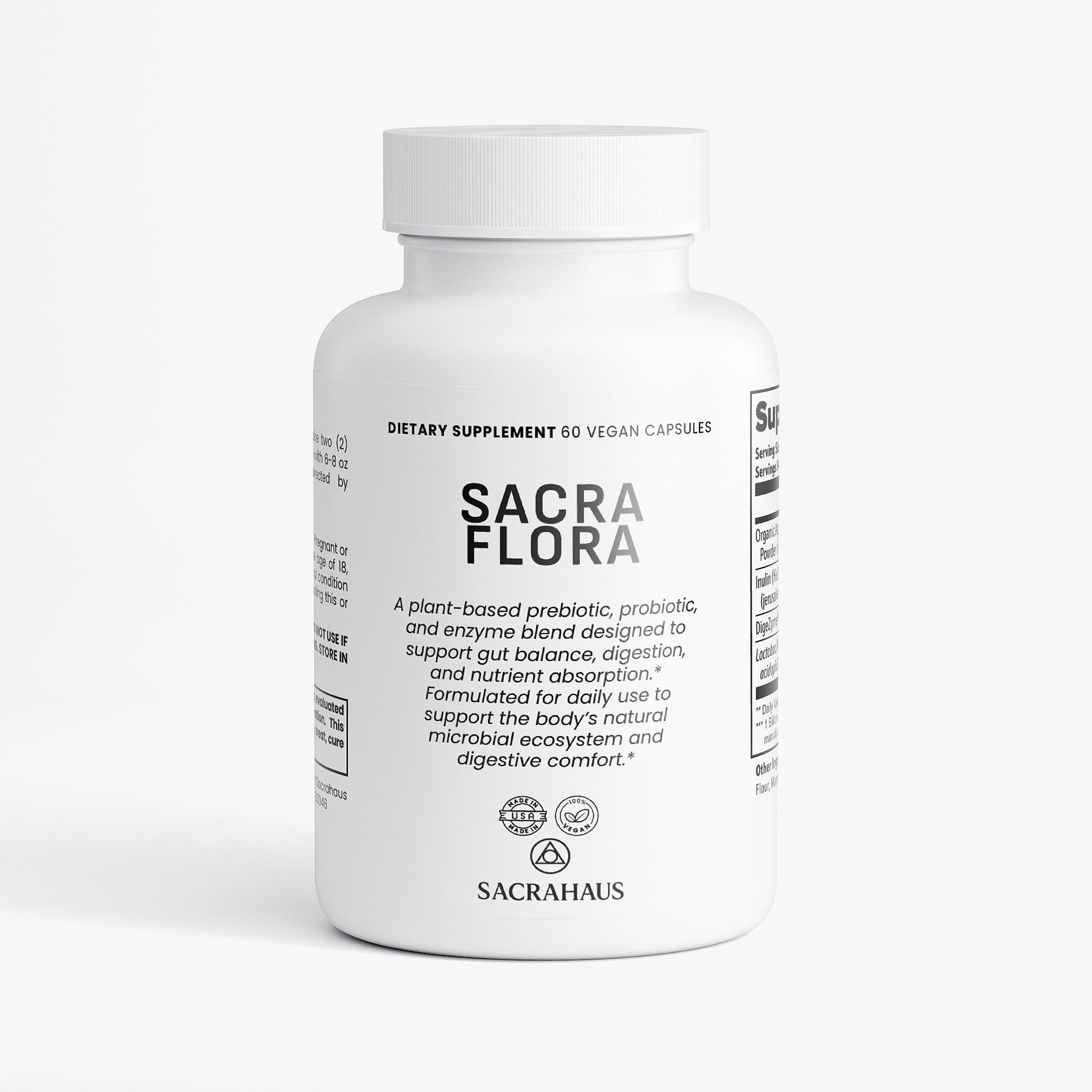 SACRAHAUS Sacra Flora vegan gut health supplements in a bottle containing 60 capsules for digestive support