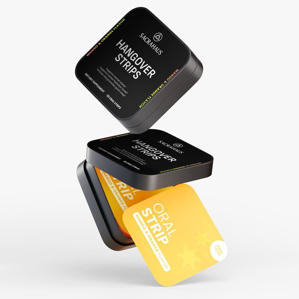 SACRAHAUS vegan hangover relief strips in stylish packaging for quick recovery after drinking