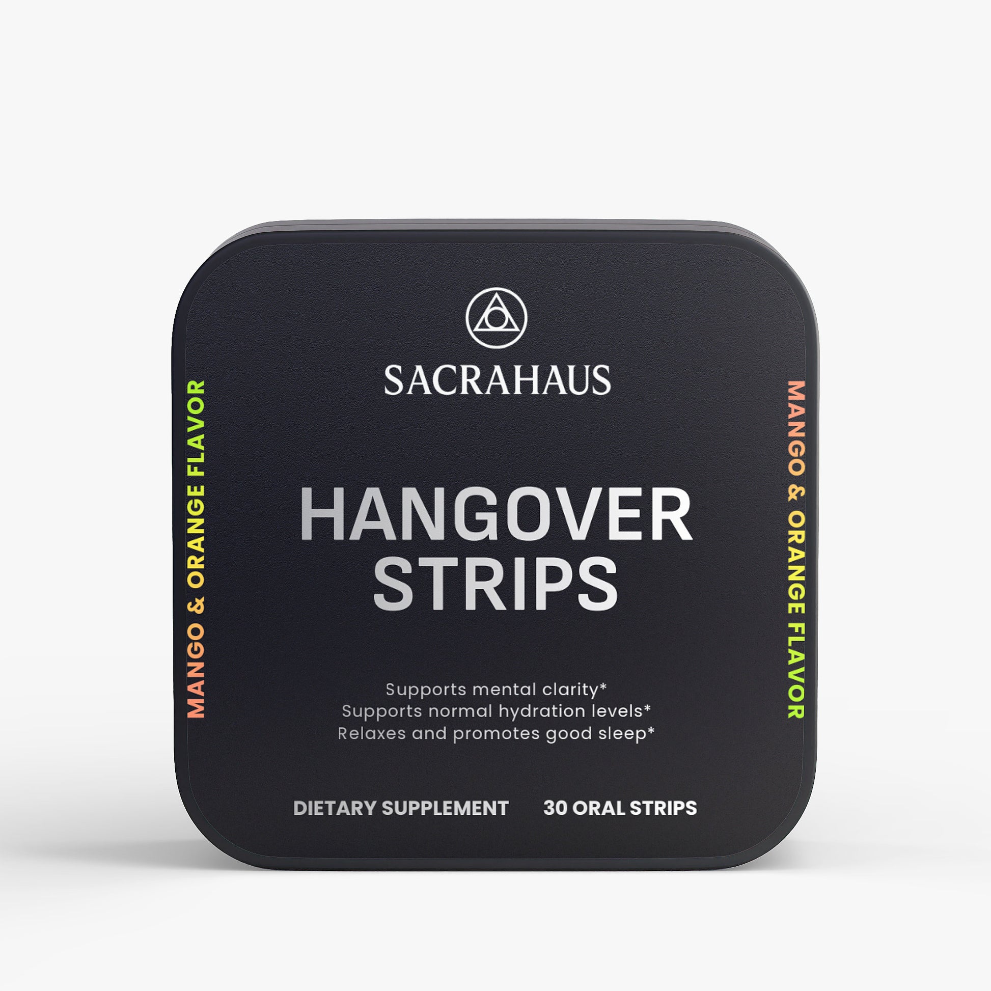 SACRAHAUS vegan hangover relief strips in mango and orange flavor, supports hydration and relaxation