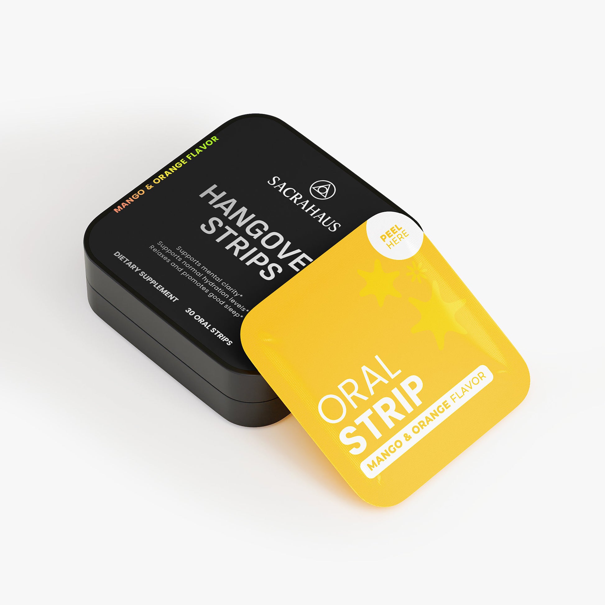 SACRAHAUS vegan hangover relief strips in mango and orange flavor for effective recovery