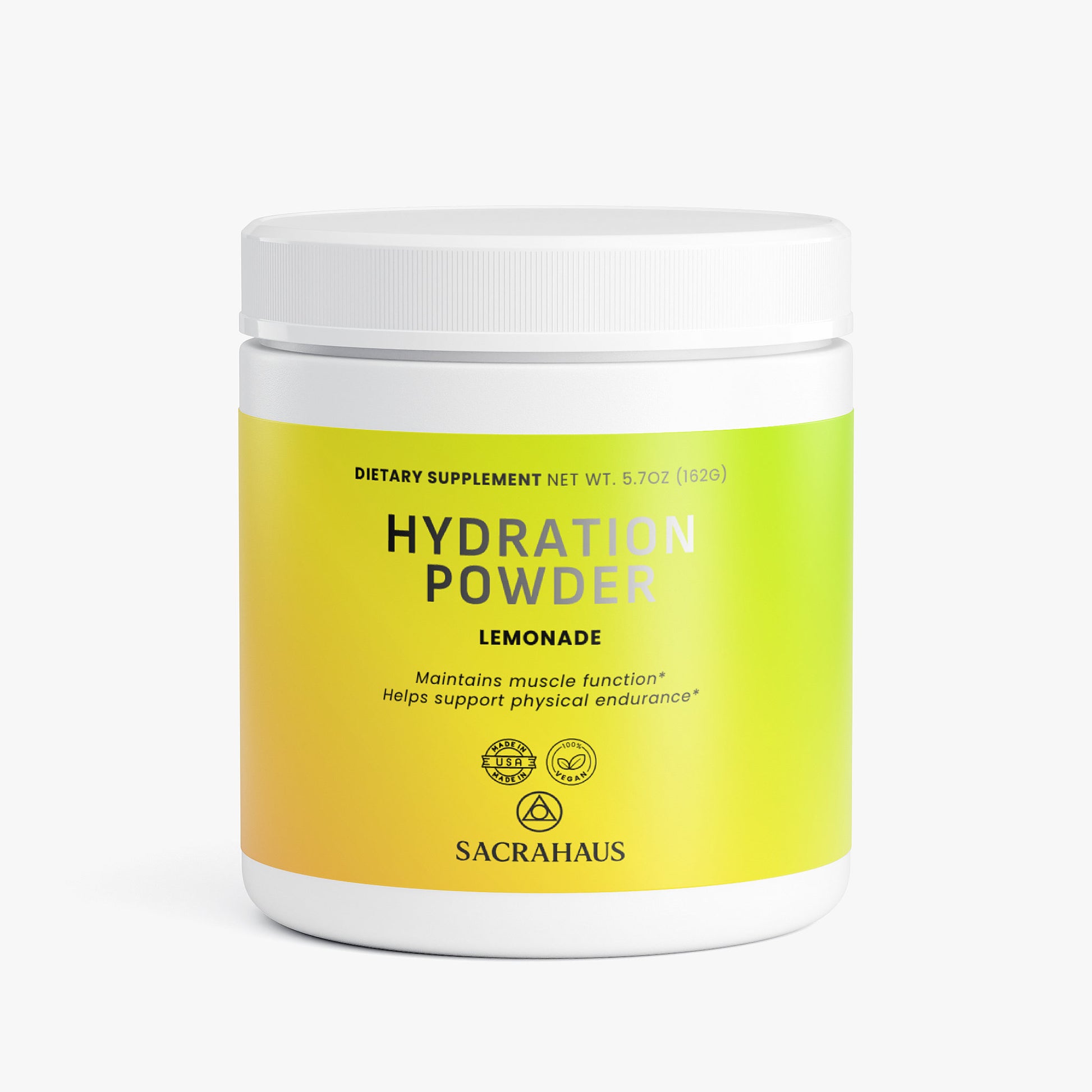 SACRAHAUS vegan hydration powder in Lemonade flavor for muscle function and endurance support