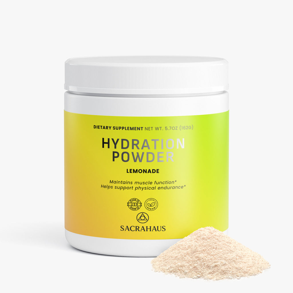 SACRAHAUS vegan hydration powder in lemonade flavor for muscle function and physical endurance