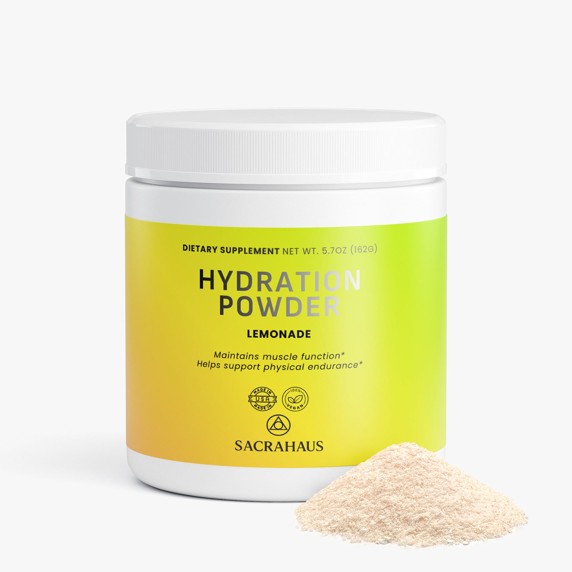 SACRAHAUS vegan hydration powder in lemonade flavor for muscle function and physical endurance