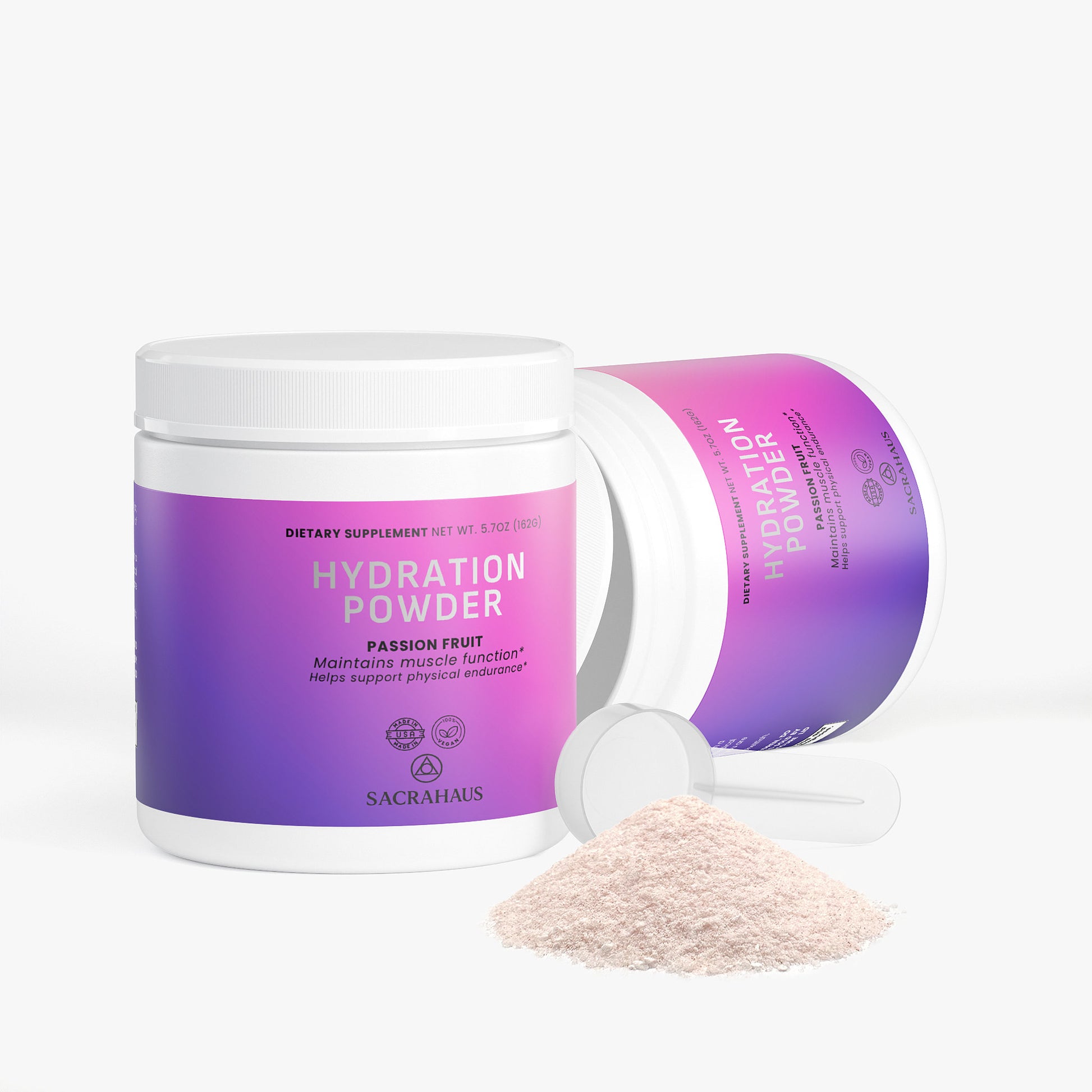 SACRAHAUS vegan hydration powder in Passion Fruit flavor for maintaining muscle function