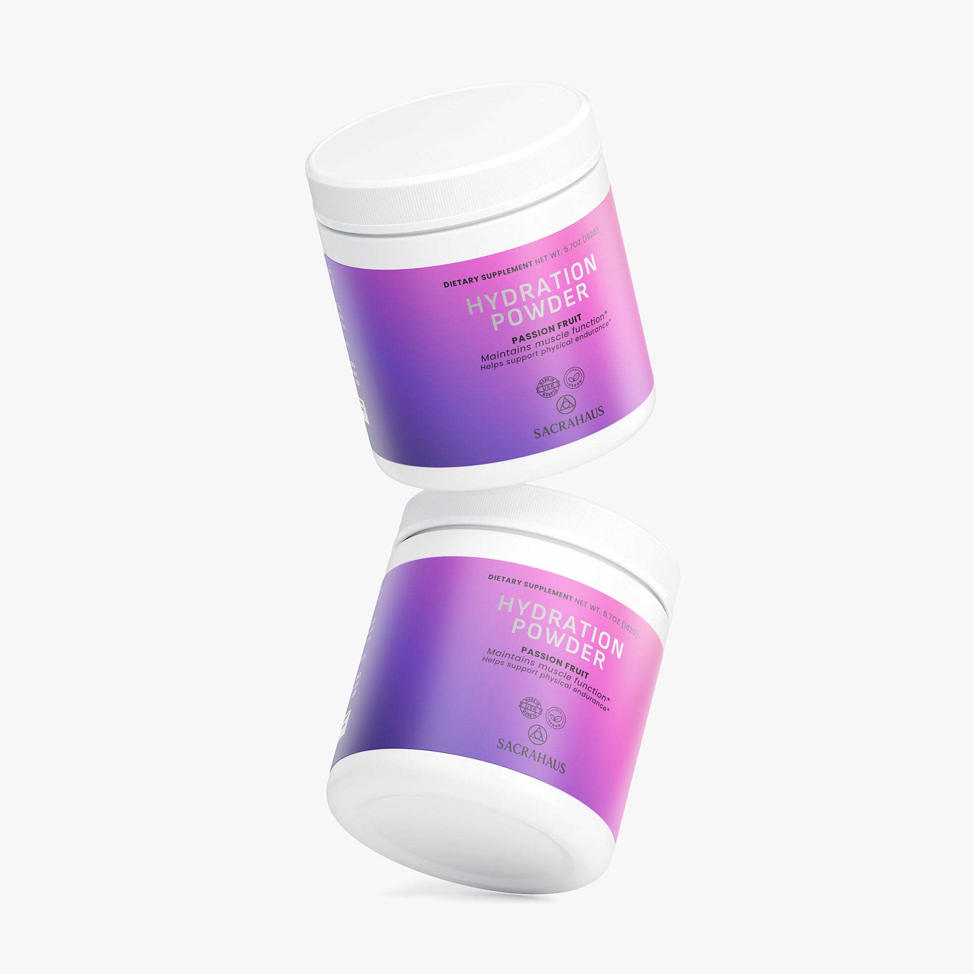SACRAHAUS vegan hydration powder in two jars designed for optimal intra-workout replenishment